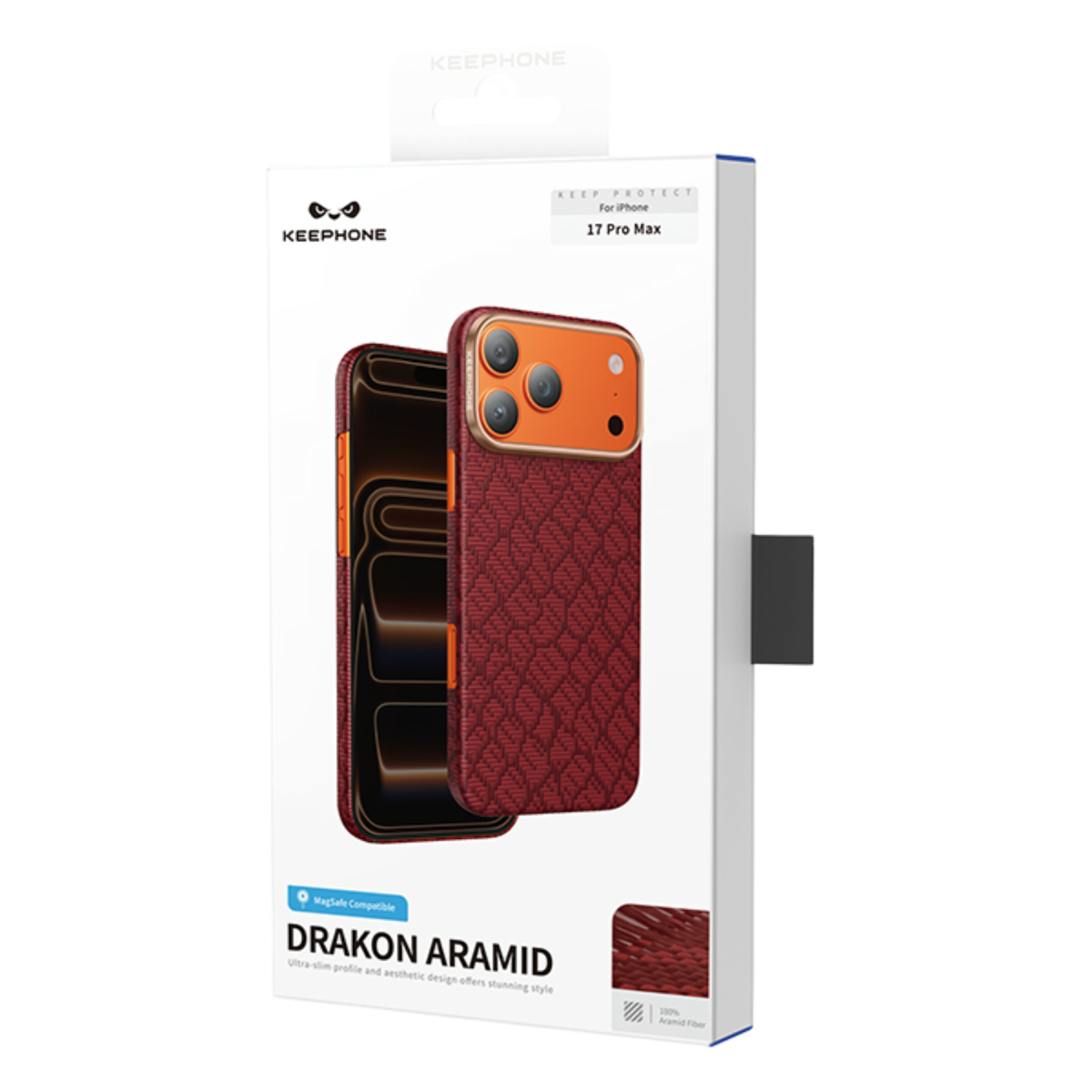 Kırmızı dokulu ve turuncu kamera modüllü Drakon Aramid iPhone 17 Pro Max kılıfının ürün ambalajı.