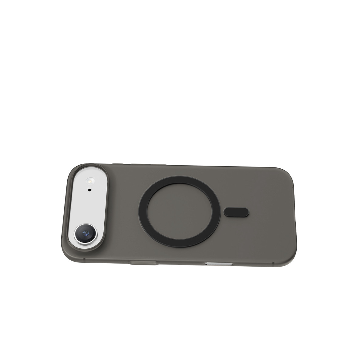Beyaz arkaplanda kamera kesikli ve siyah MagSafe halkalı gri telefon kılıfının arkası.