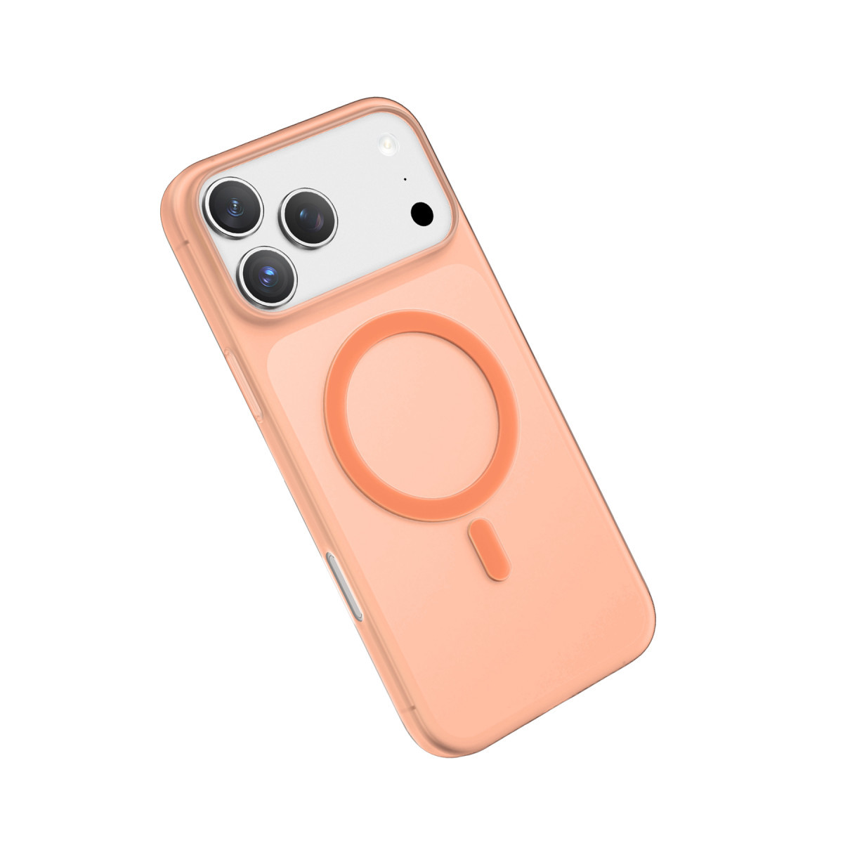 Beyaz arka planda MagSafe kılıflı ve üç arka kameralı pembe akıllı telefon.