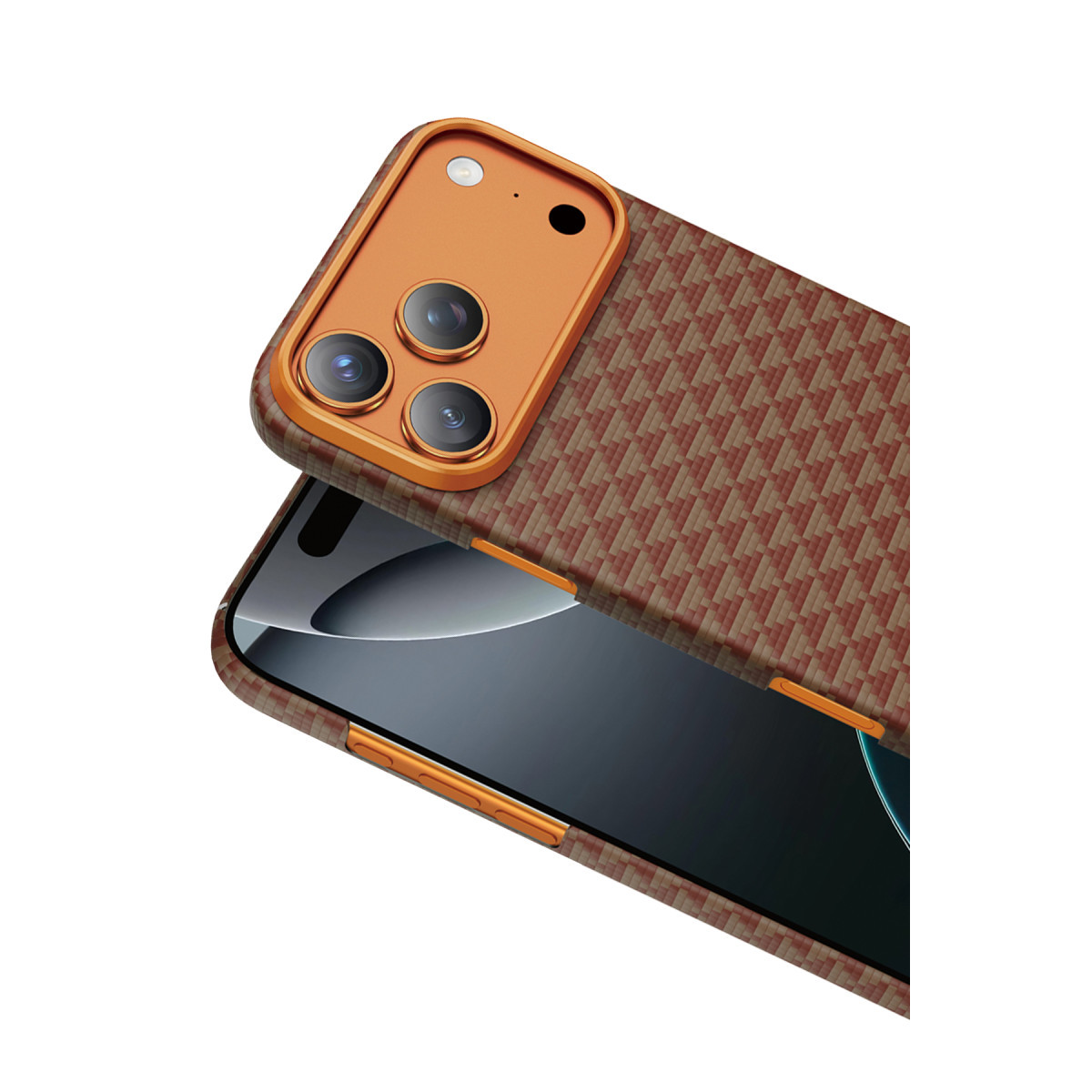 Beyaz arka planda kahverengi dokulu kılıfa ve turuncu kamera modülüne sahip akıllı telefon.