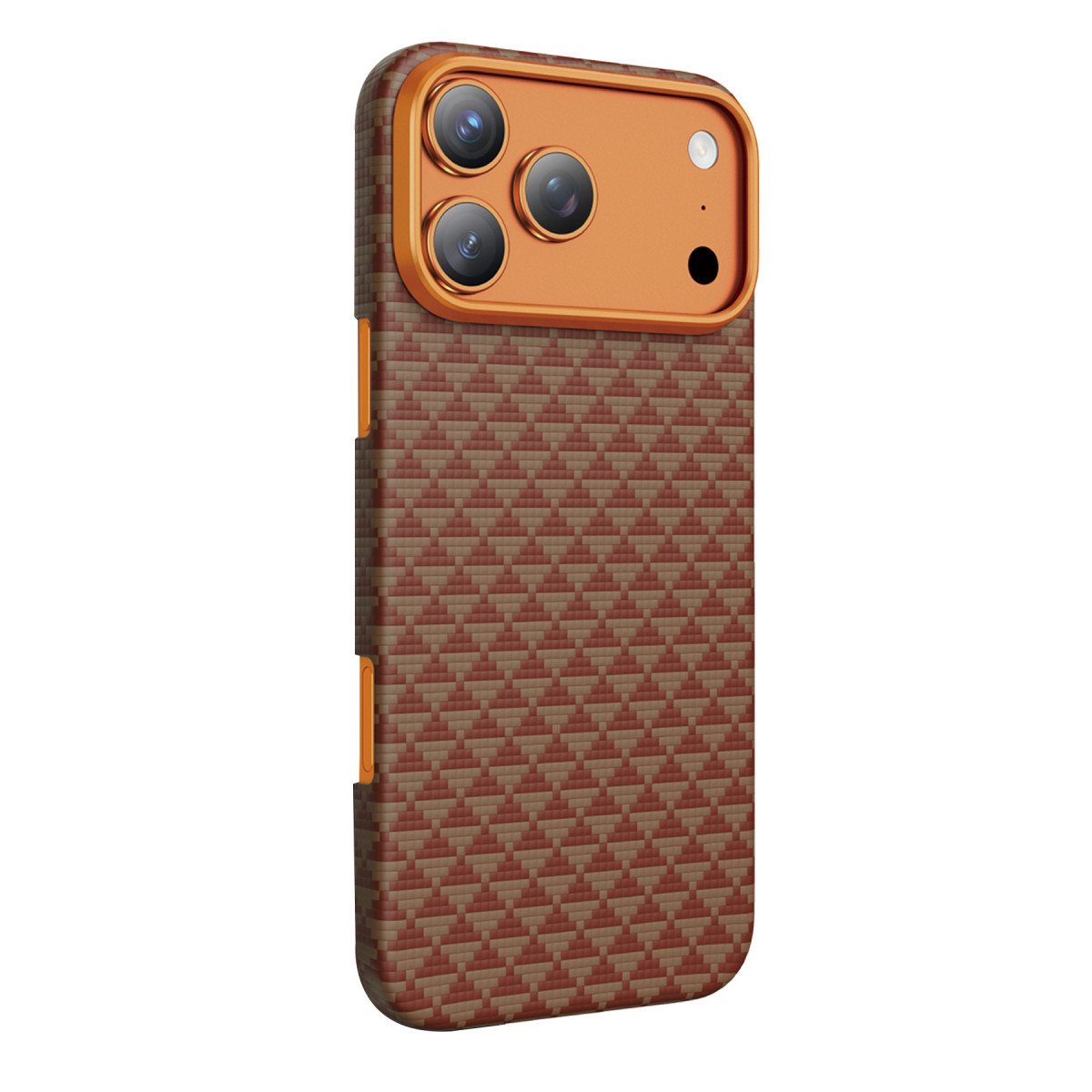 Beyaz arka planda turuncu kamera modüllü, kahverengi geometrik desenli kılıfa sahip akıllı telefon.