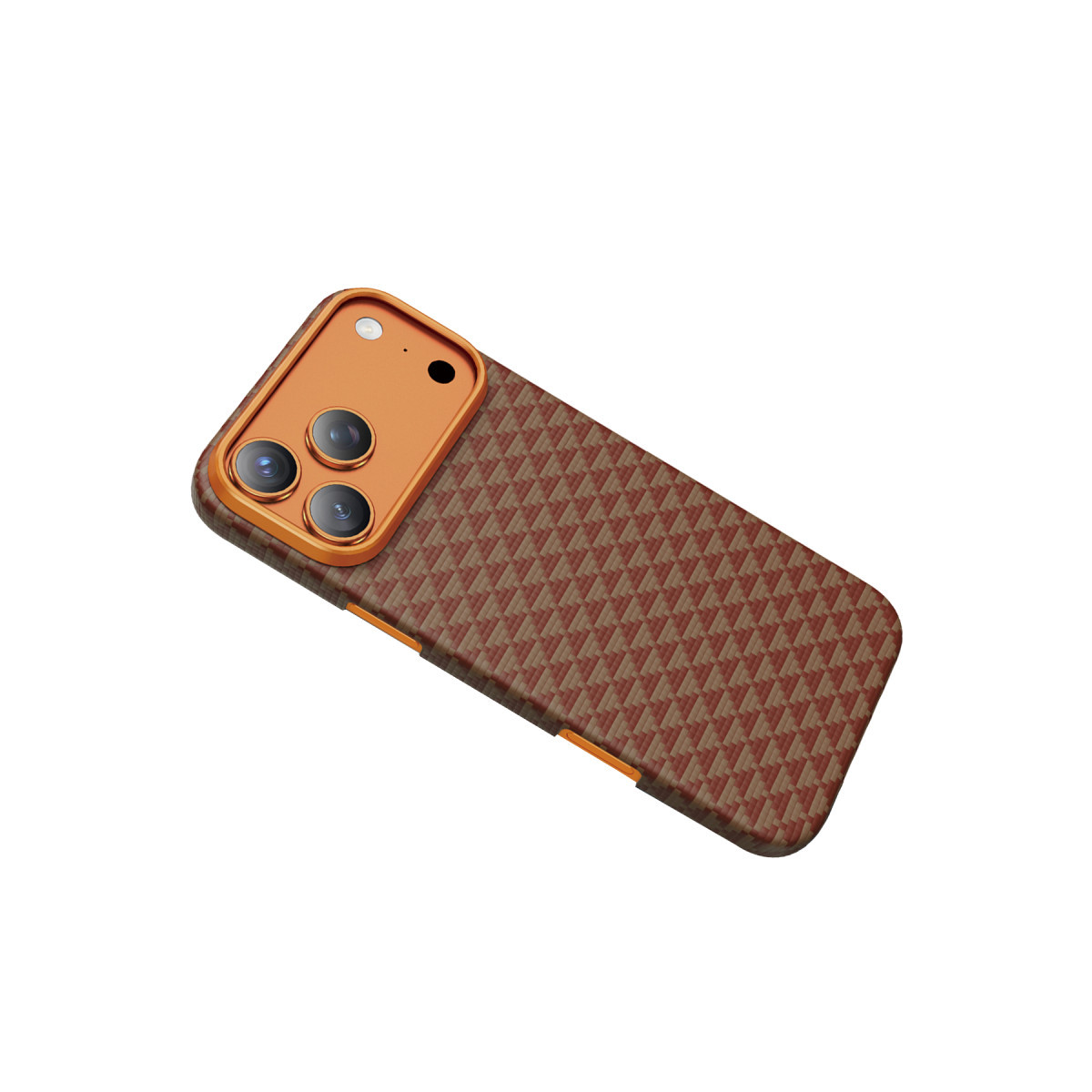 Beyaz arka planda üç kameralı ve kahverengi-turuncu desenli kılıflı akıllı telefon.