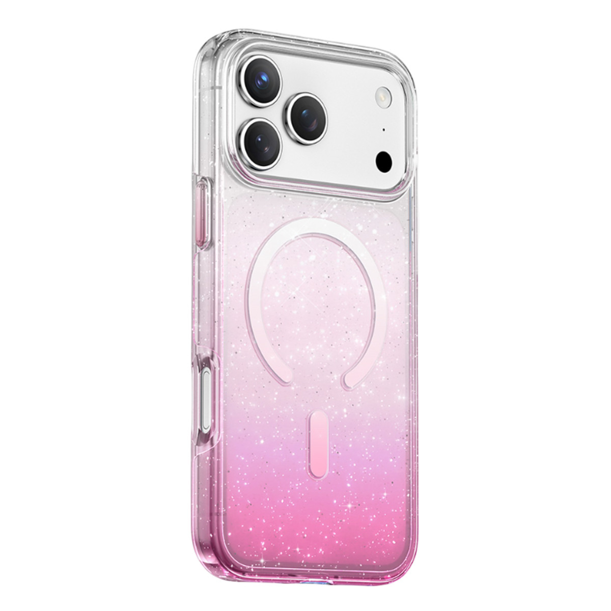 Pembe simli ombré geçişli ve MagSafe halkalı şeffaf akıllı telefon kılıfı.
