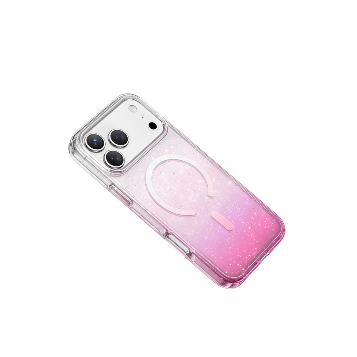 Beyaz arka planda MagSafe halkalı simli pembe telefon kılıfı.