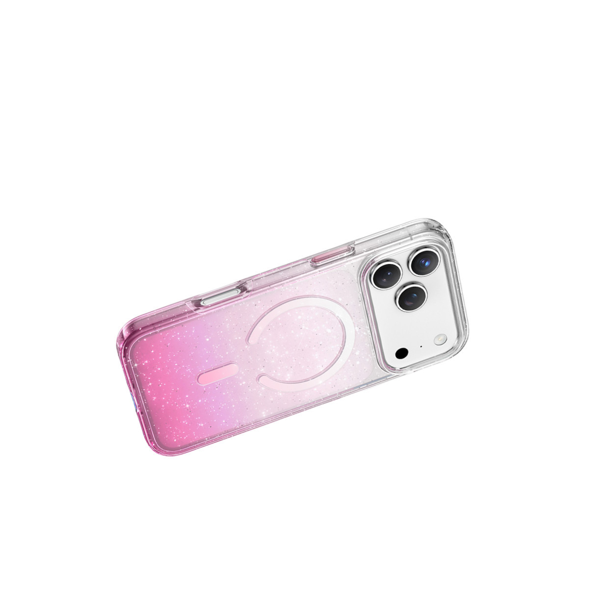 Beyaz arka planda parıltılı pembe ve beyaz koruyucu kılıf içinde bir akıllı telefon.