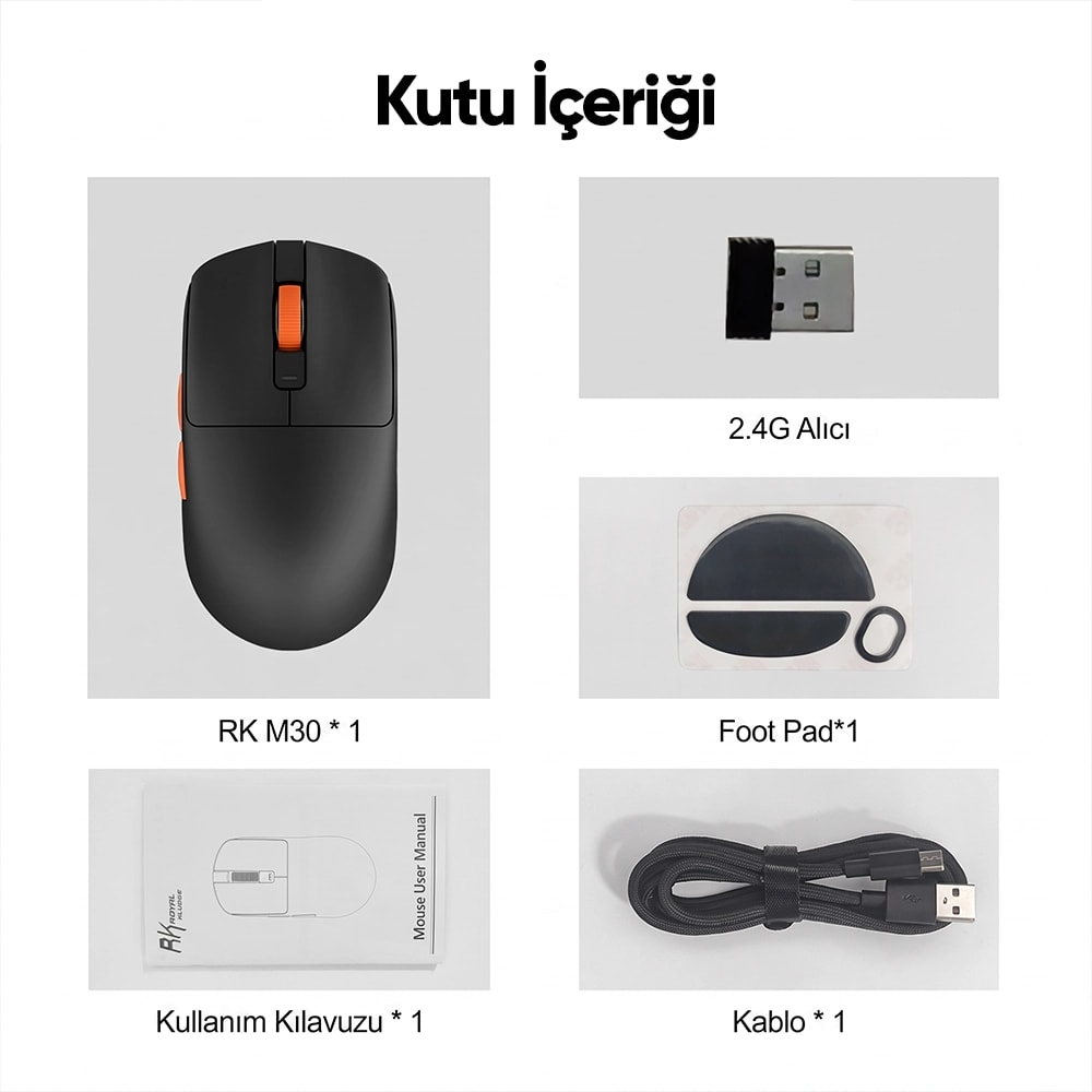 Kutu içeriği: Bir siyah fare, USB alıcı, mouse pad etiketleri, kullanım kılavuzu ve kablo.