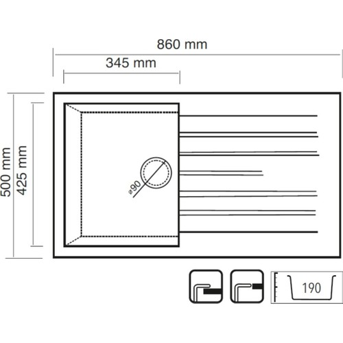 860x500 mm ölçülerinde ve 190 mm hazne derinliğine sahip evyenin teknik resmi.