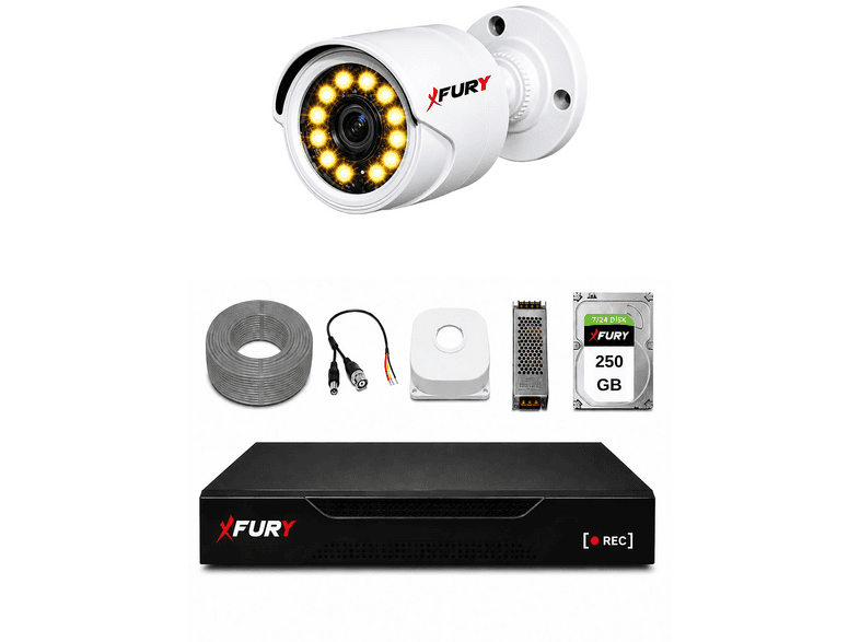 FURY Full HD 1 Kameralı Gece Renkli Görüş Su Geçirmez 250GB HDD 2239 Güvenlik Kamera Seti Beyaz