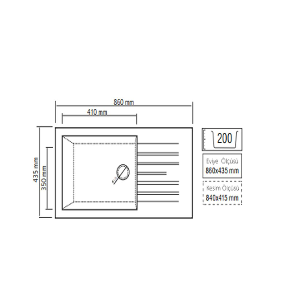 860x435 mm ölçülerinde evye teknik resmi.