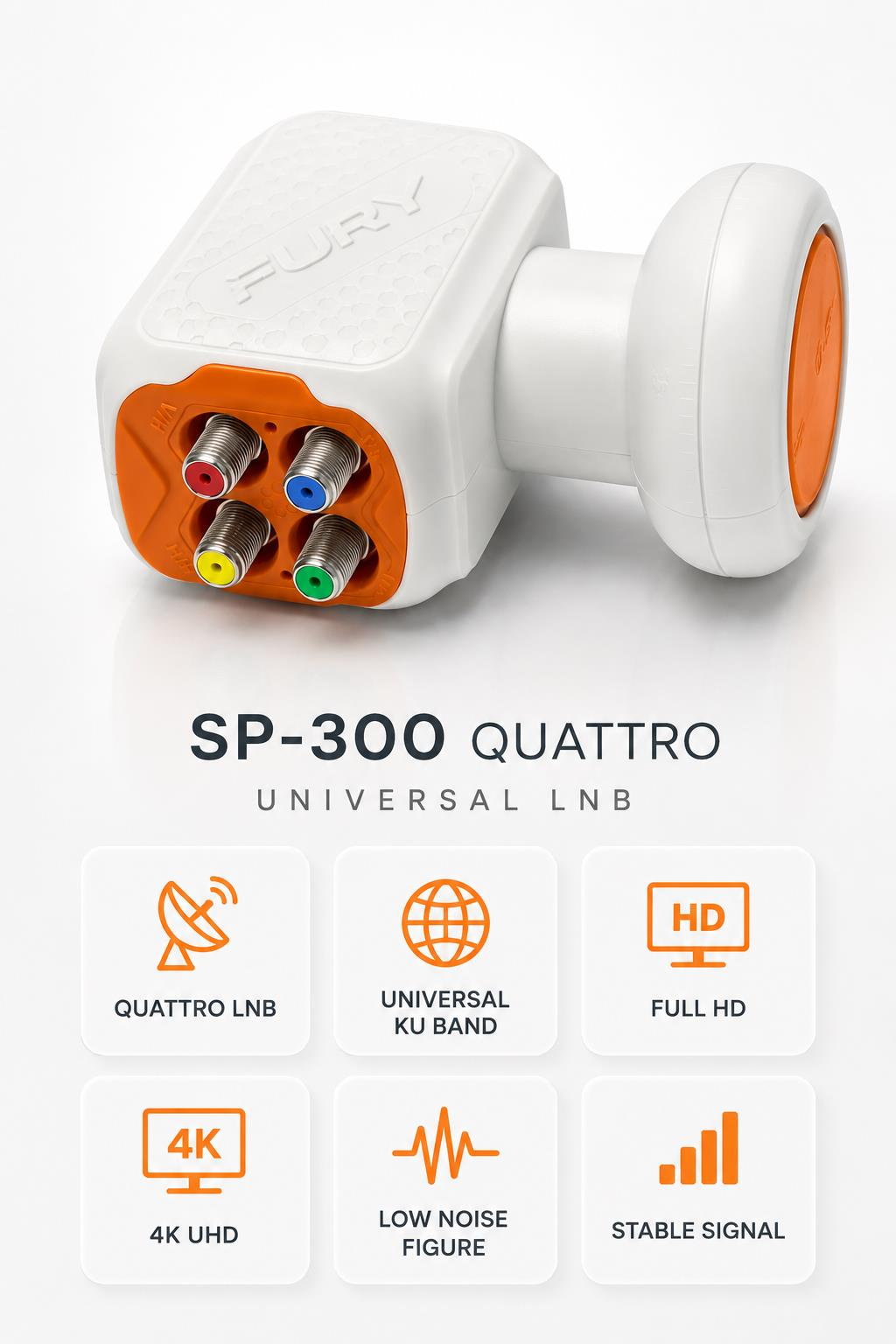SP-300 Quattro Universal LNB, dört renkli bağlantı noktasına ve altı özellik simgesine sahip beyaz turuncu cihaz.