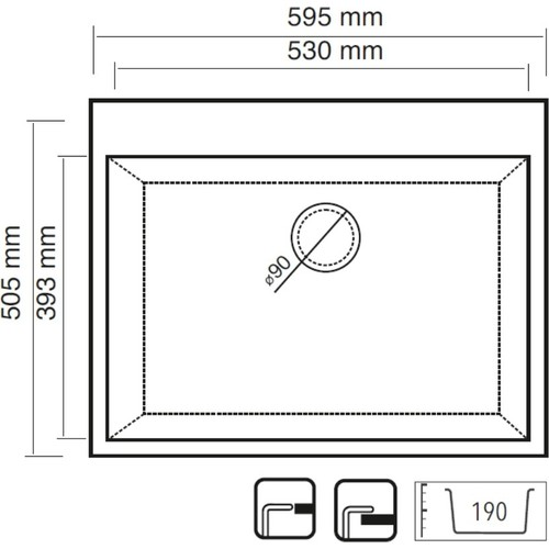 595x505 mm ölçülerinde ve 190 mm hazne derinliğine sahip bir evyenin teknik resmi.