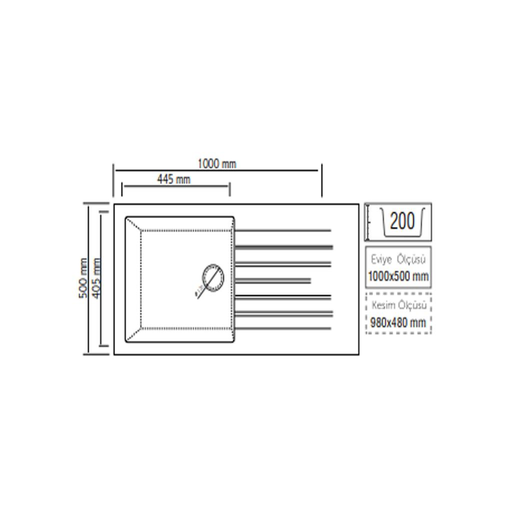 1000x500 mm ölçülerinde, damlalıklı ve 200 mm derinliğe sahip dikdörtgen eviyenin teknik çizimi.