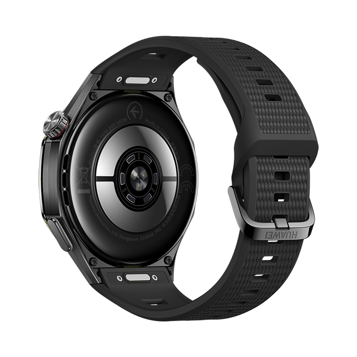 Vista posteriore di uno smartwatch nero con sensori e cinturino testurizzato.