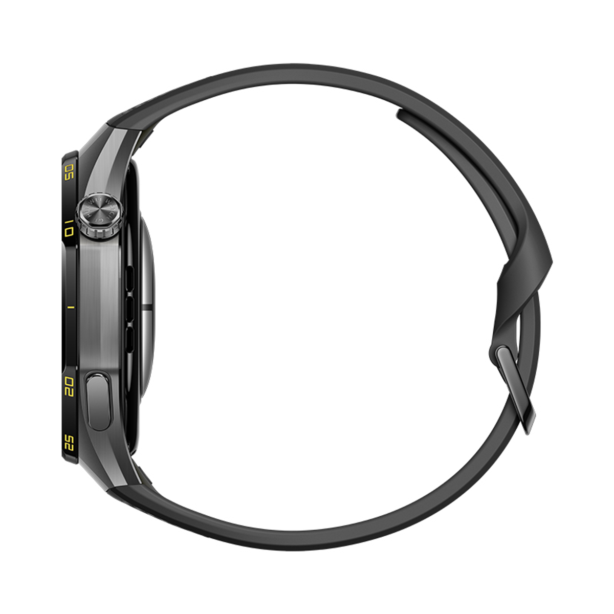 Vista laterale di uno smartwatch nero con cinturino scuro su sfondo bianco.