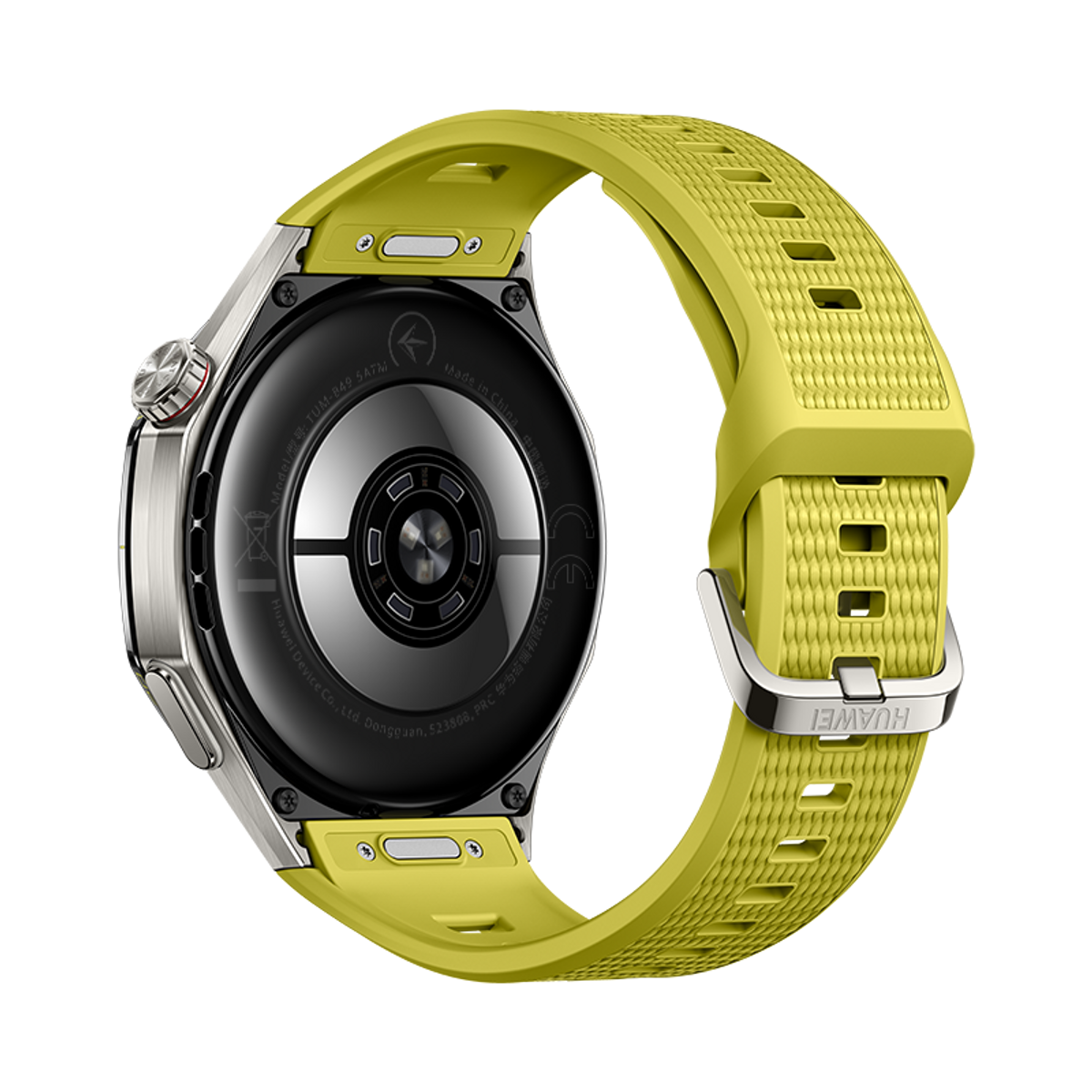 Vista posteriore di uno smartwatch con cinturino giallo su sfondo nero.