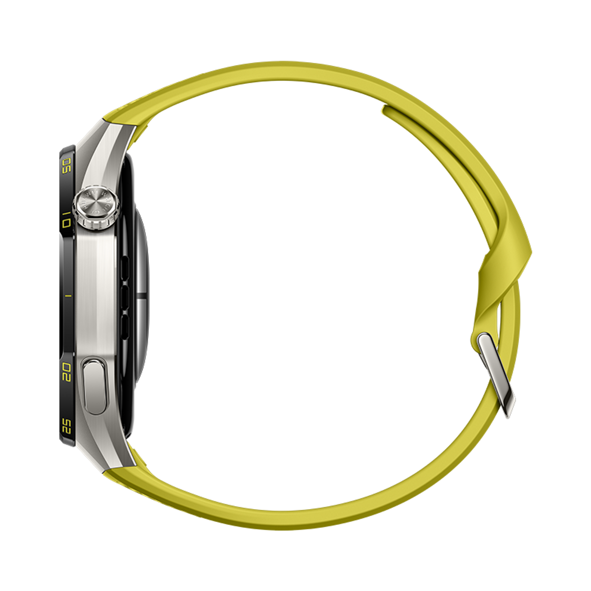 Vista laterale di uno smartwatch con cassa argento, ghiera nera e cinturino giallo su sfondo nero.