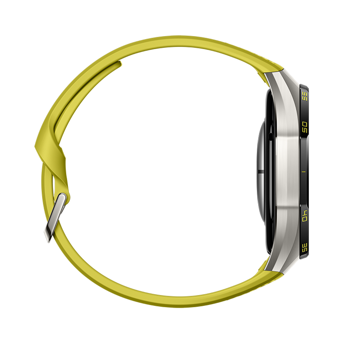 Uno smartwatch con cassa argentata, ghiera nera con numeri gialli e cinturino in silicone giallo su sfondo nero.