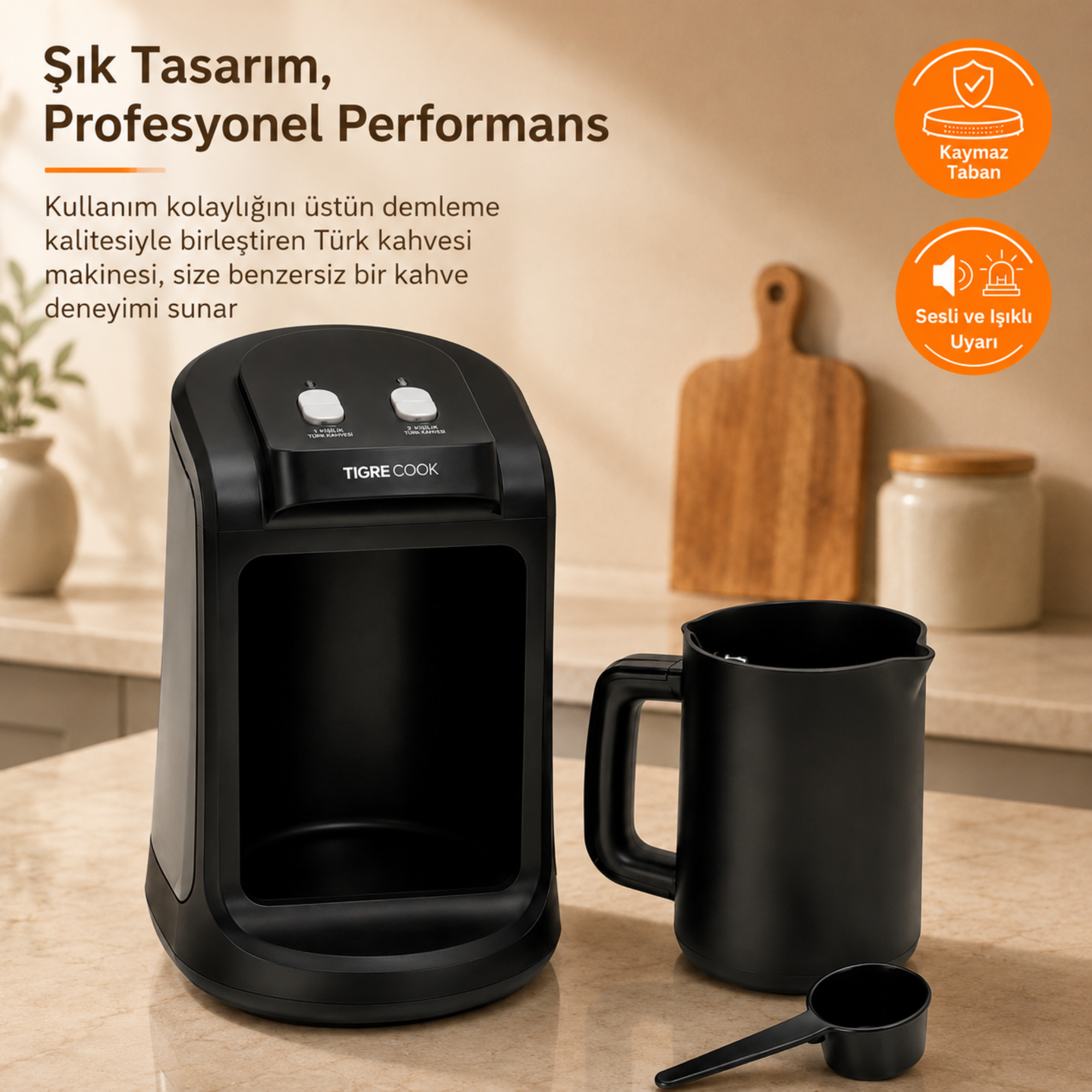 Modern bir mutfakta cezve ve ölçü kaşığı bulunan siyah Türk kahvesi makinesi.