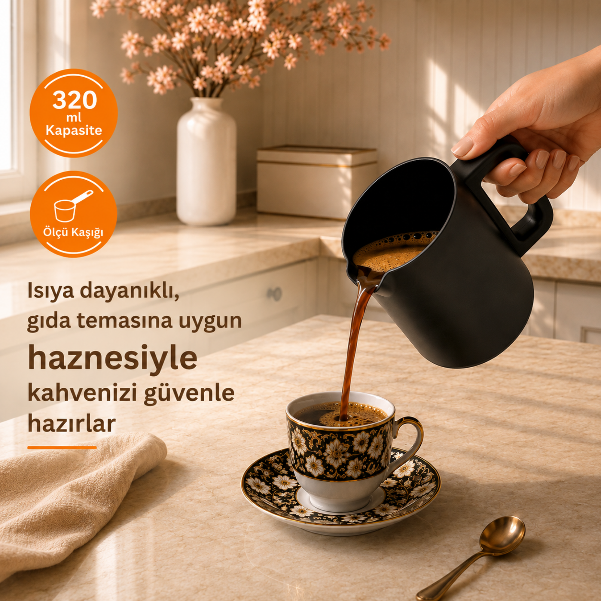 Bir el, mutfak tezgahındaki desenli fincana siyah bir cezveden kahve döküyor.