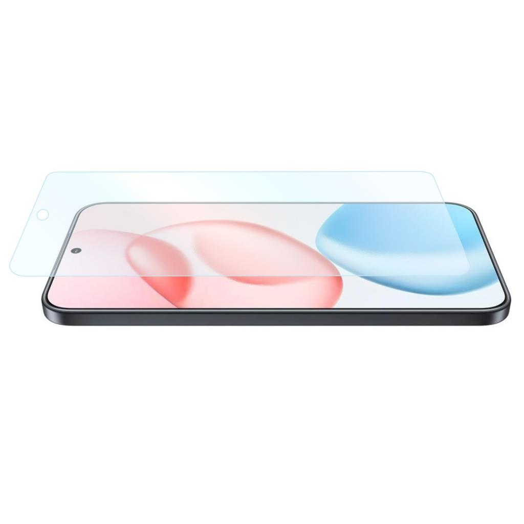 Ekranın biraz üzerinde duran cam ekran koruyuculu bir akıllı telefon.