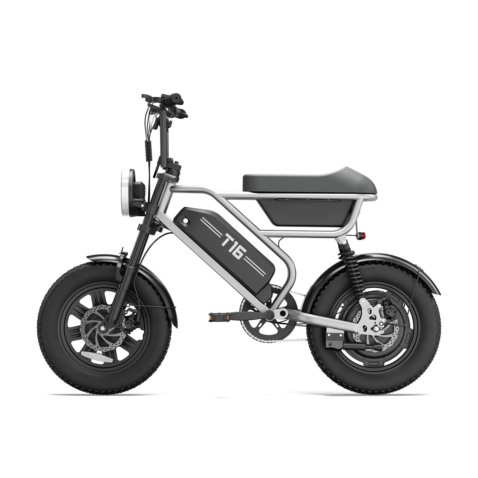 Una bicicleta eléctrica T16 negra y plateada con neumáticos anchos, faro delantero y caja de almacenamiento.