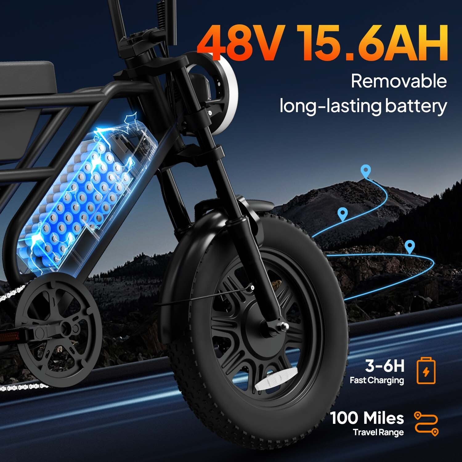 Bicicleta eléctrica con batería de 48V 15.6Ah, vista a la montaña y 100 millas de alcance.