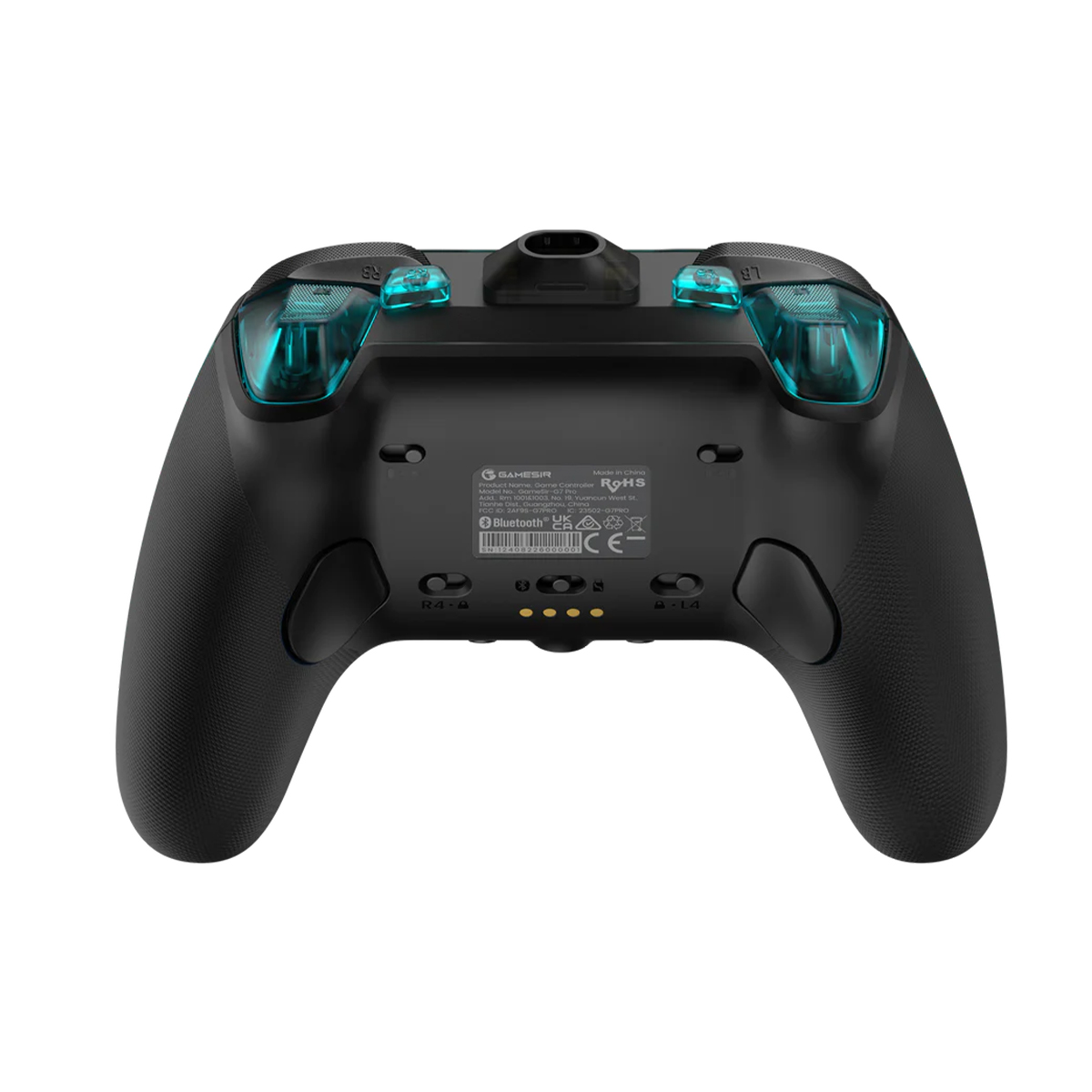 Retro di un controller GameSir nero con pulsanti superiori blu traslucidi e informazioni sul prodotto.