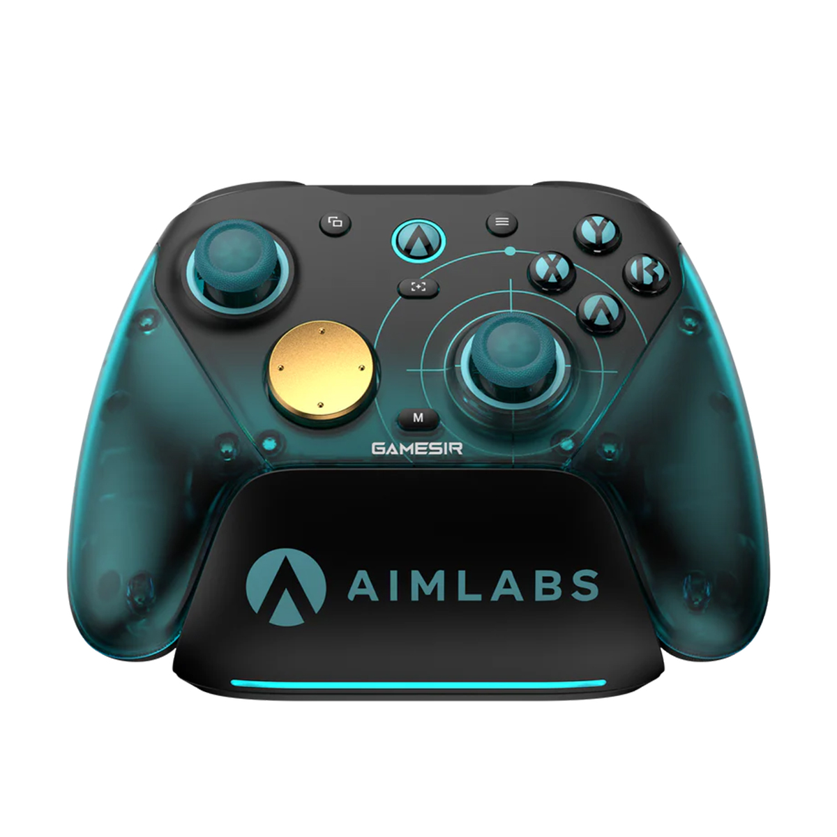 Controller GameSir nero e blu su una base di ricarica con logo Aimlabs.