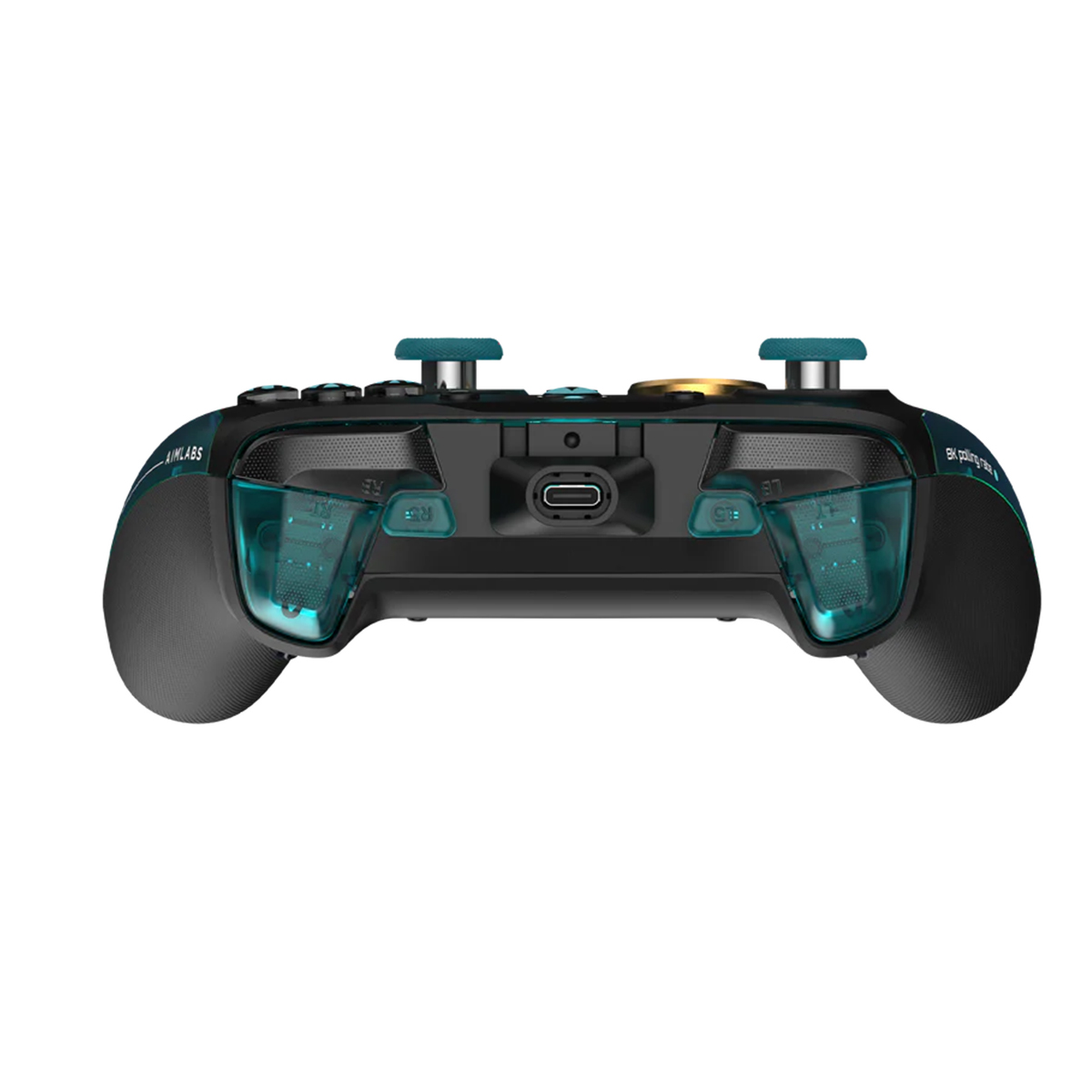 Un controller di gioco nero con grilletti traslucidi verde acqua e una porta USB-C.