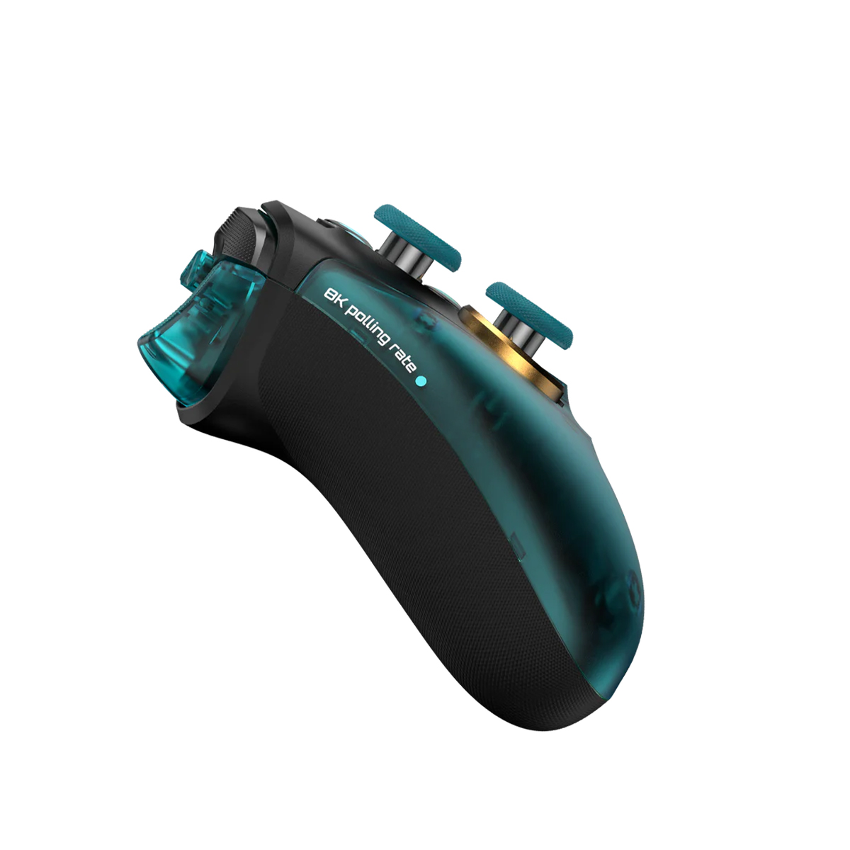 Un controller di gioco nero e verde acqua con la scritta "8K polling rate" sul lato su sfondo bianco.