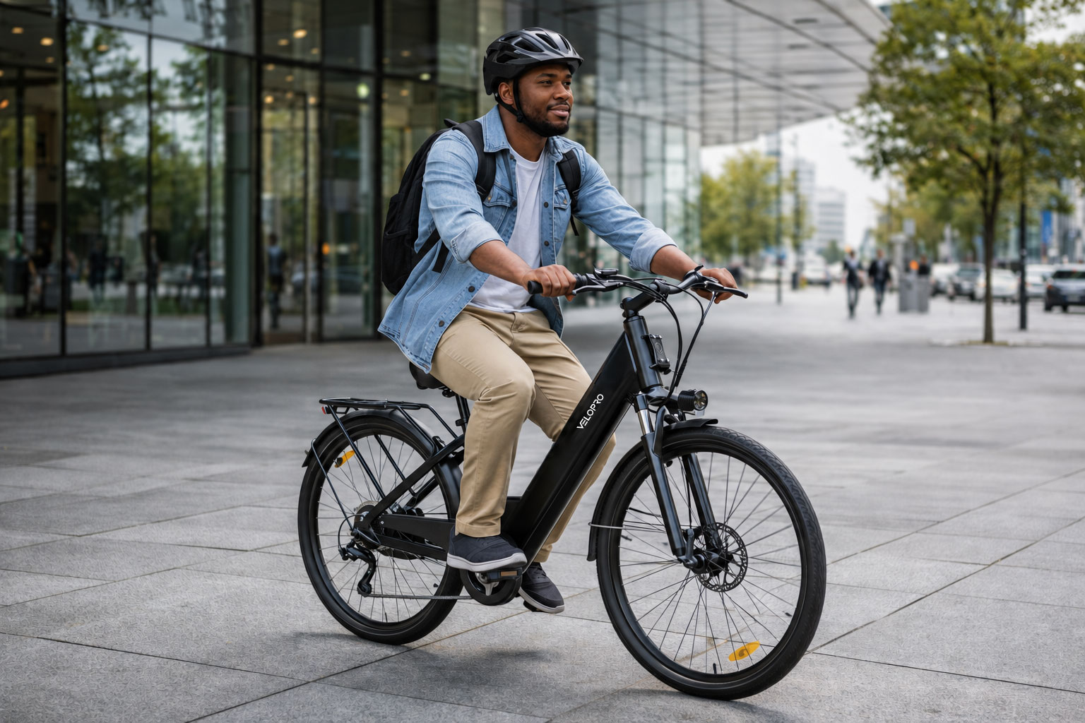Un uomo con casco e zaino guida una e-bike nera in una piazza cittadina davanti a edifici in vetro.