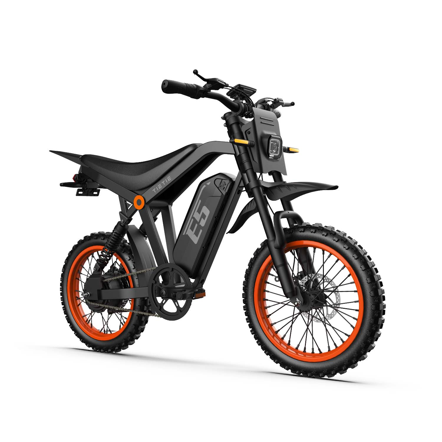 Ein schwarzes Elektro-Moped mit orangefarbenen Akzenten an den Rädern und dem Rahmen auf weißem Hintergrund.