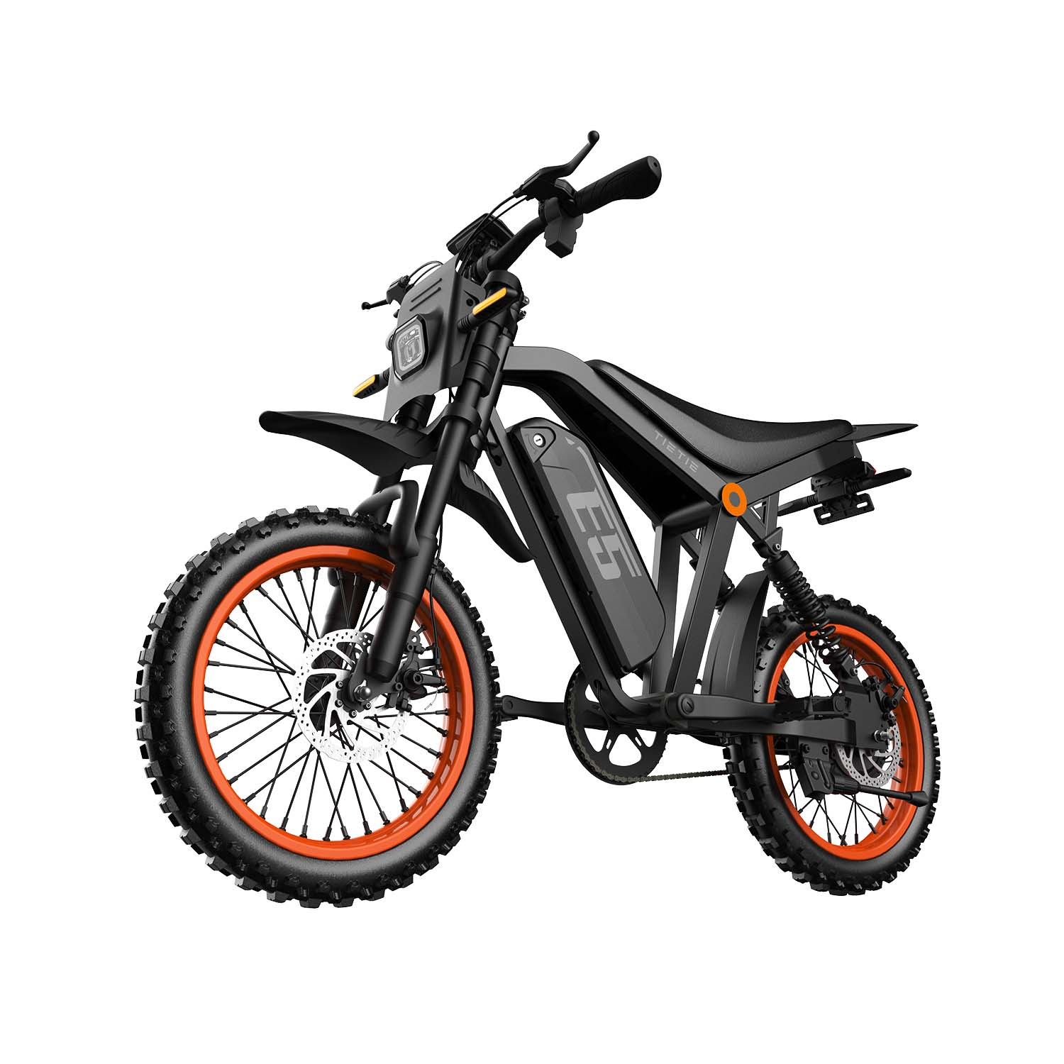 Ein schwarzes und orangefarbenes elektrisches Dirtbike mit Stollenreifen vor einem weißen Hintergrund.