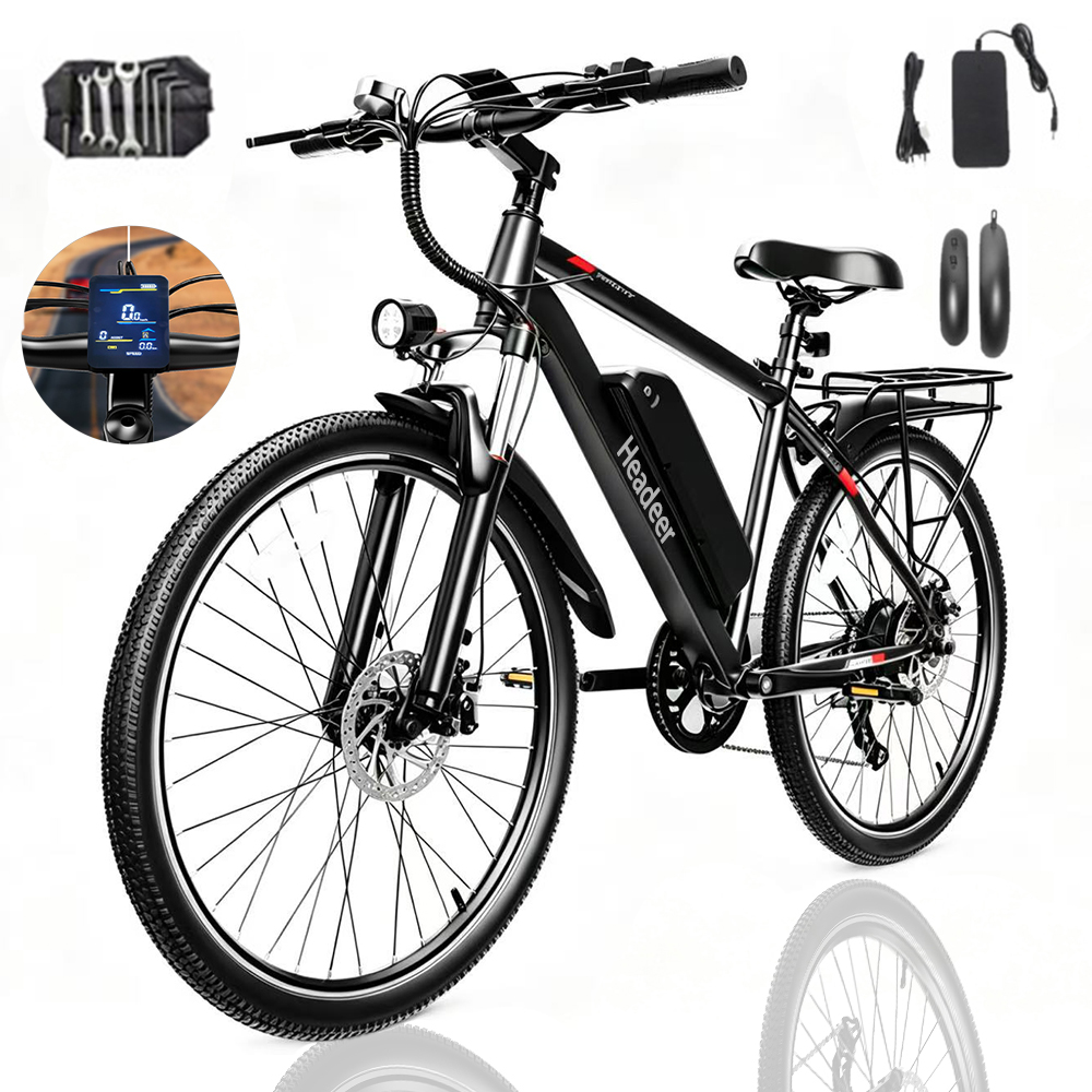 Schwarzes Headeer E-Bike mit Display, Werkzeugset und Ladegerät vor weißem Hintergrund.