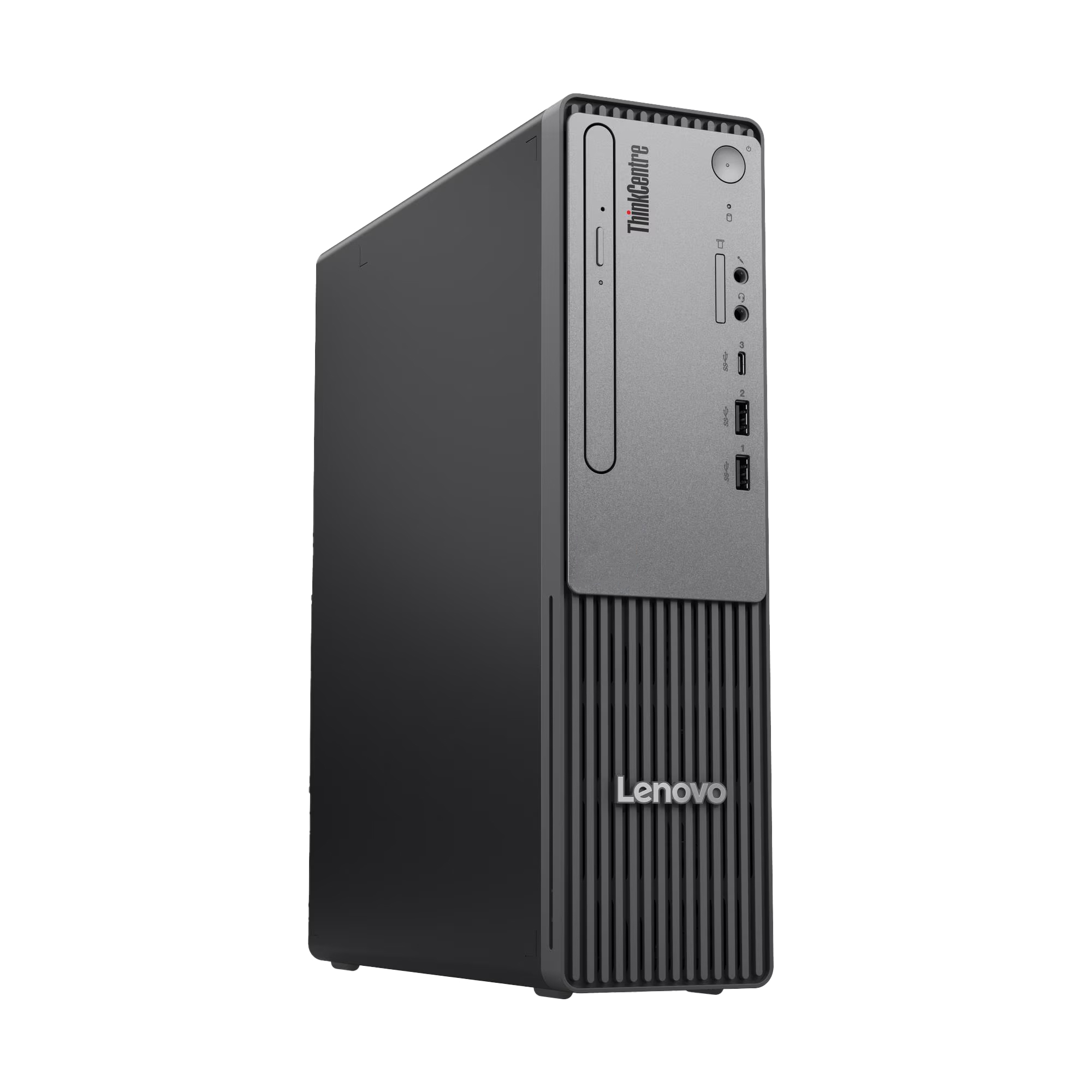Beyaz arka planda sağ önden görünen siyah bir Lenovo ThinkCentre masaüstü bilgisayar kasası.