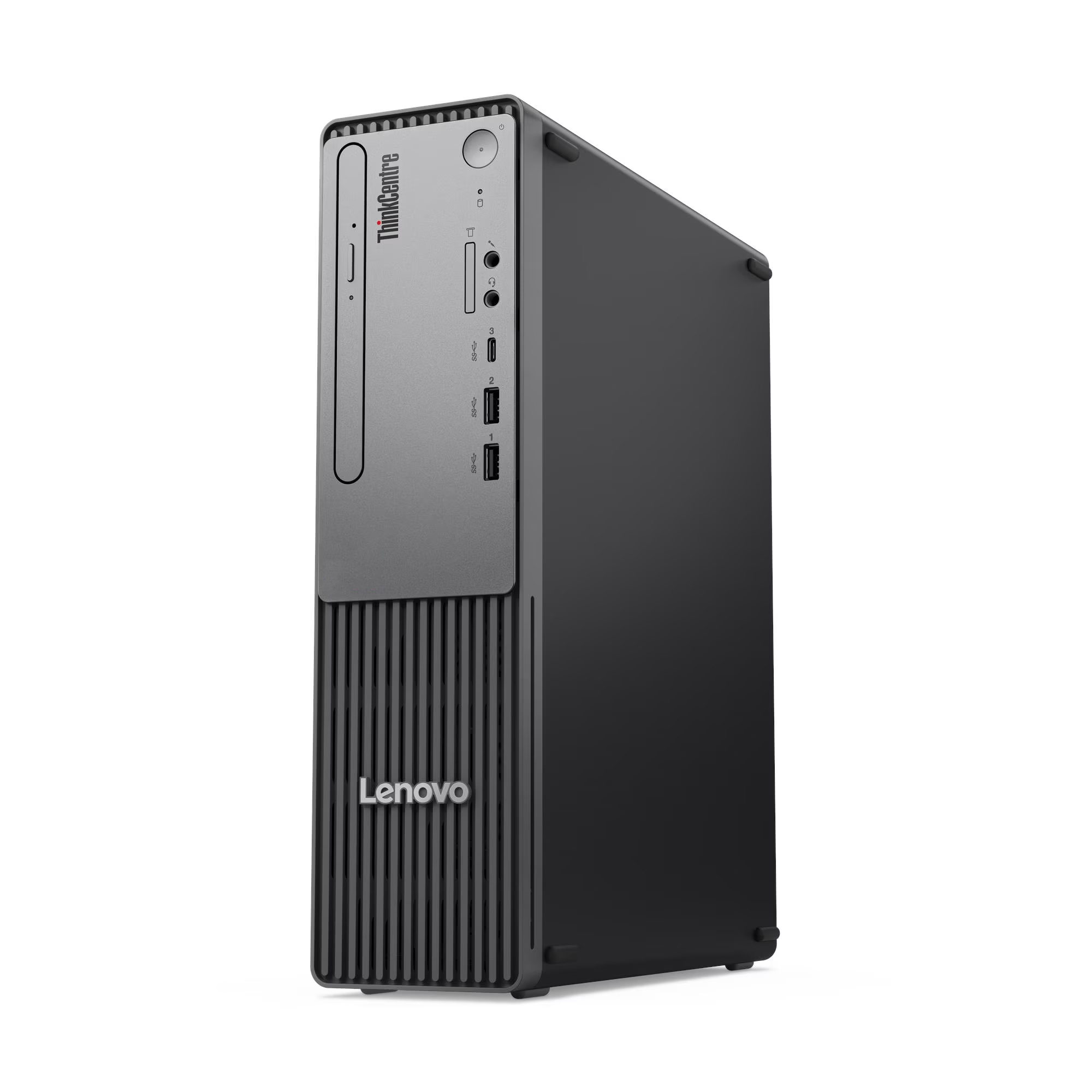 Beyaz arka planda dikey tasarıma sahip siyah bir Lenovo ThinkCentre masaüstü bilgisayar.
