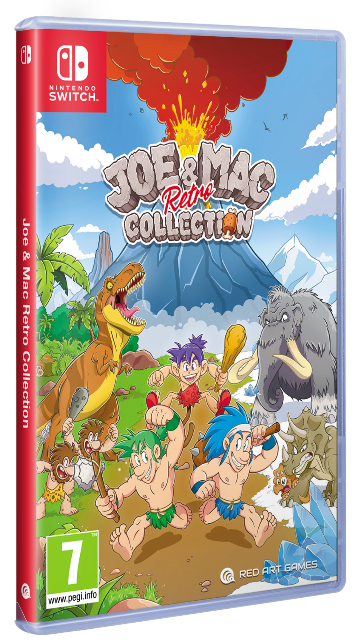 Custodia Nintendo Switch di Joe & Mac Retro Collection con personaggi preistorici e un vulcano.
