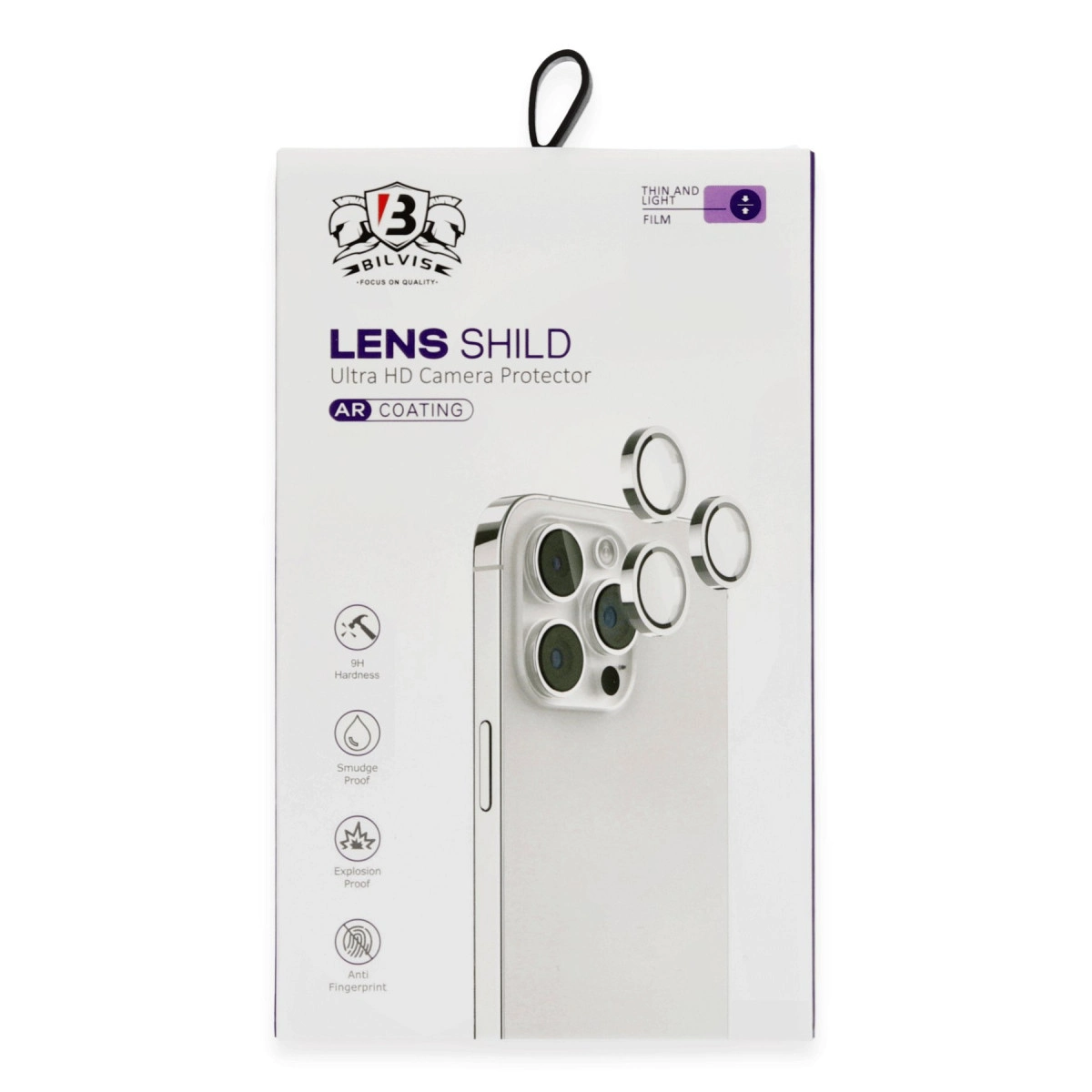 Akıllı telefon kamerası ve simgeleri gösteren Bilvise Ultra HD Kamera Lens Koruyucu kutusu.