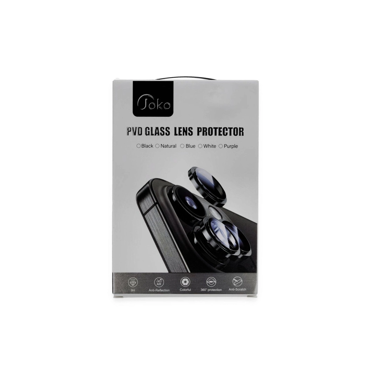 Siyah lens koruyuculu akıllı telefon kamerasını gösteren PVD cam lens koruyucu için beyaz ürün kutusu.