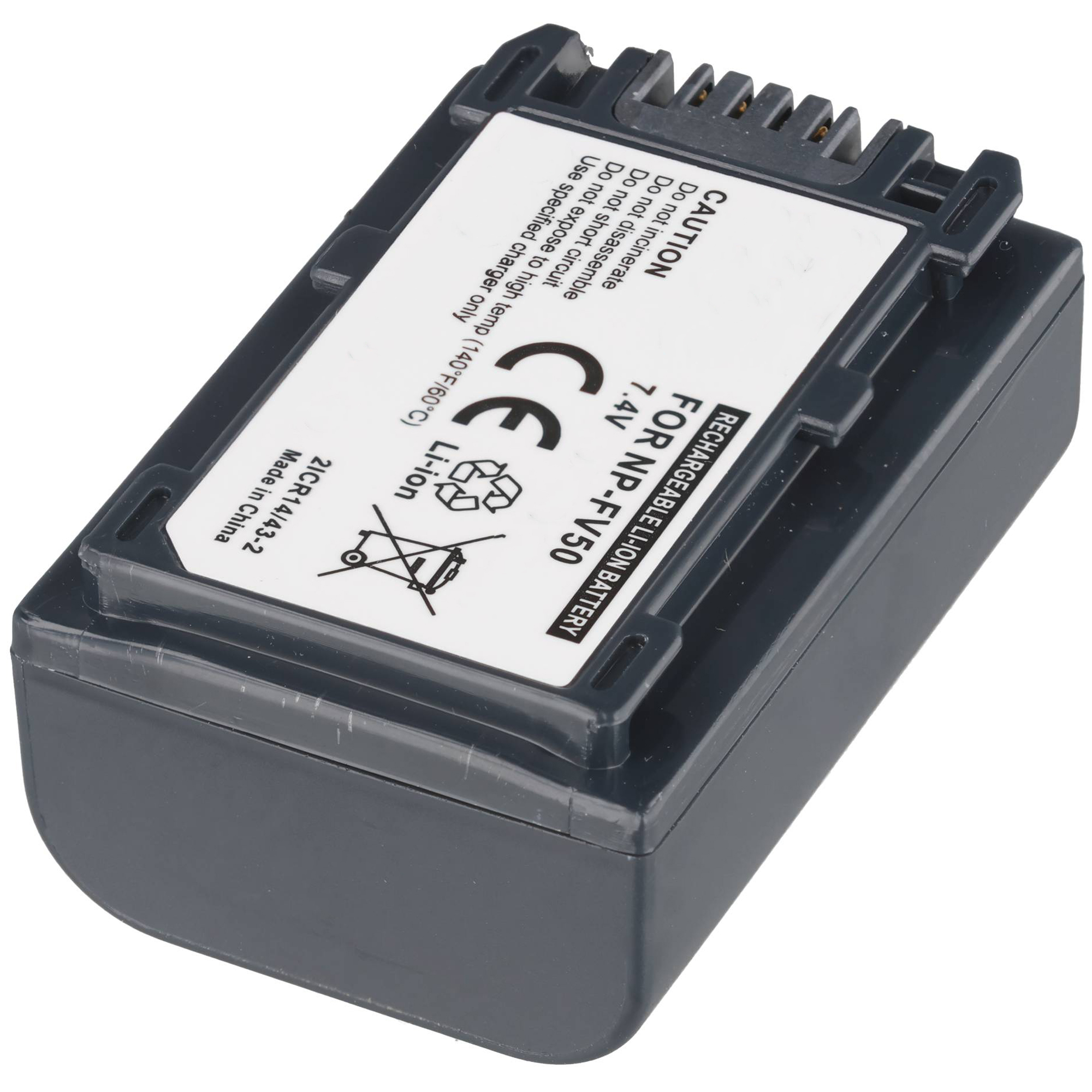 Batteria ricaricabile agli ioni di litio grigio scuro per NP-FV50 con etichetta.