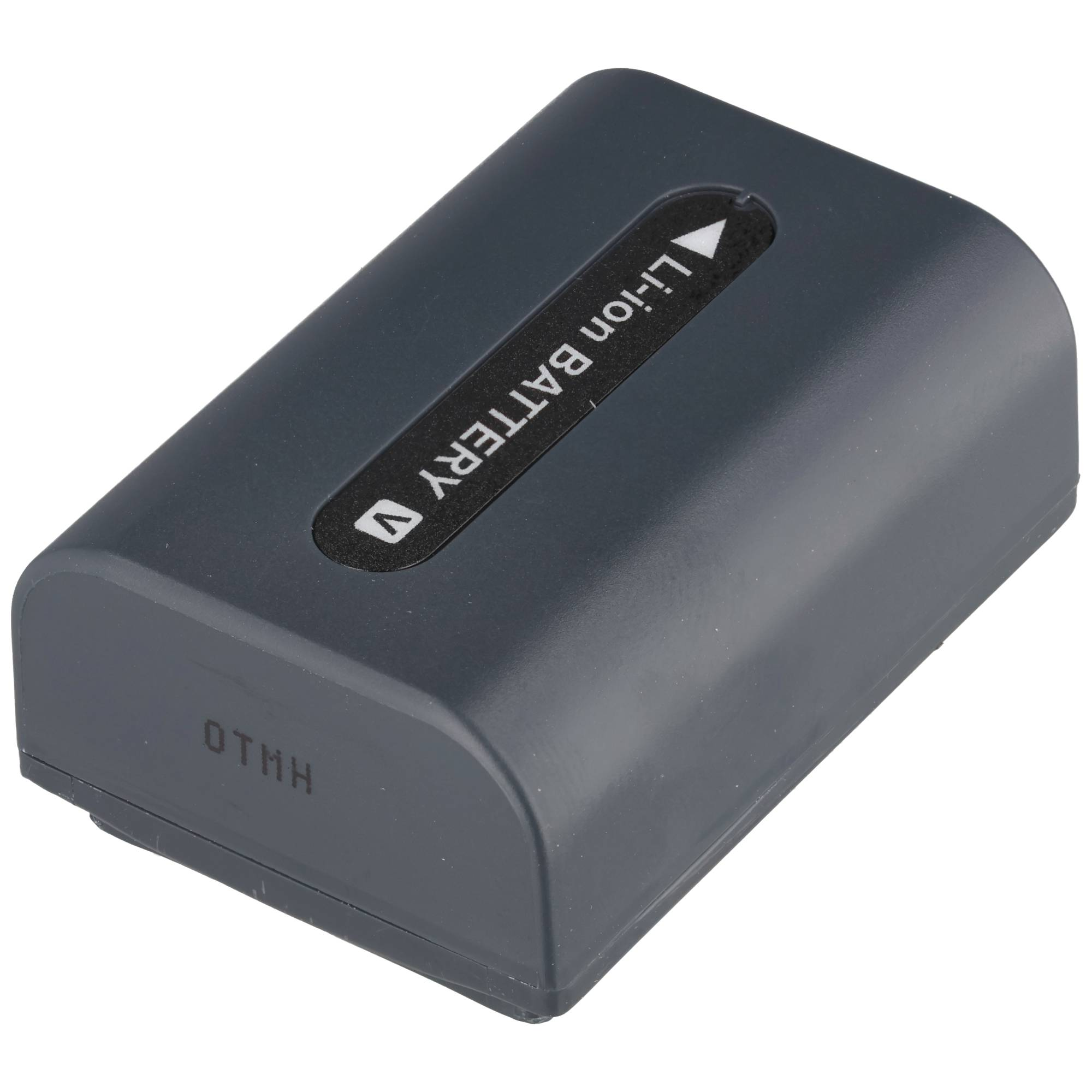 Una batteria agli ioni di litio grigia con testo bianco su sfondo bianco.