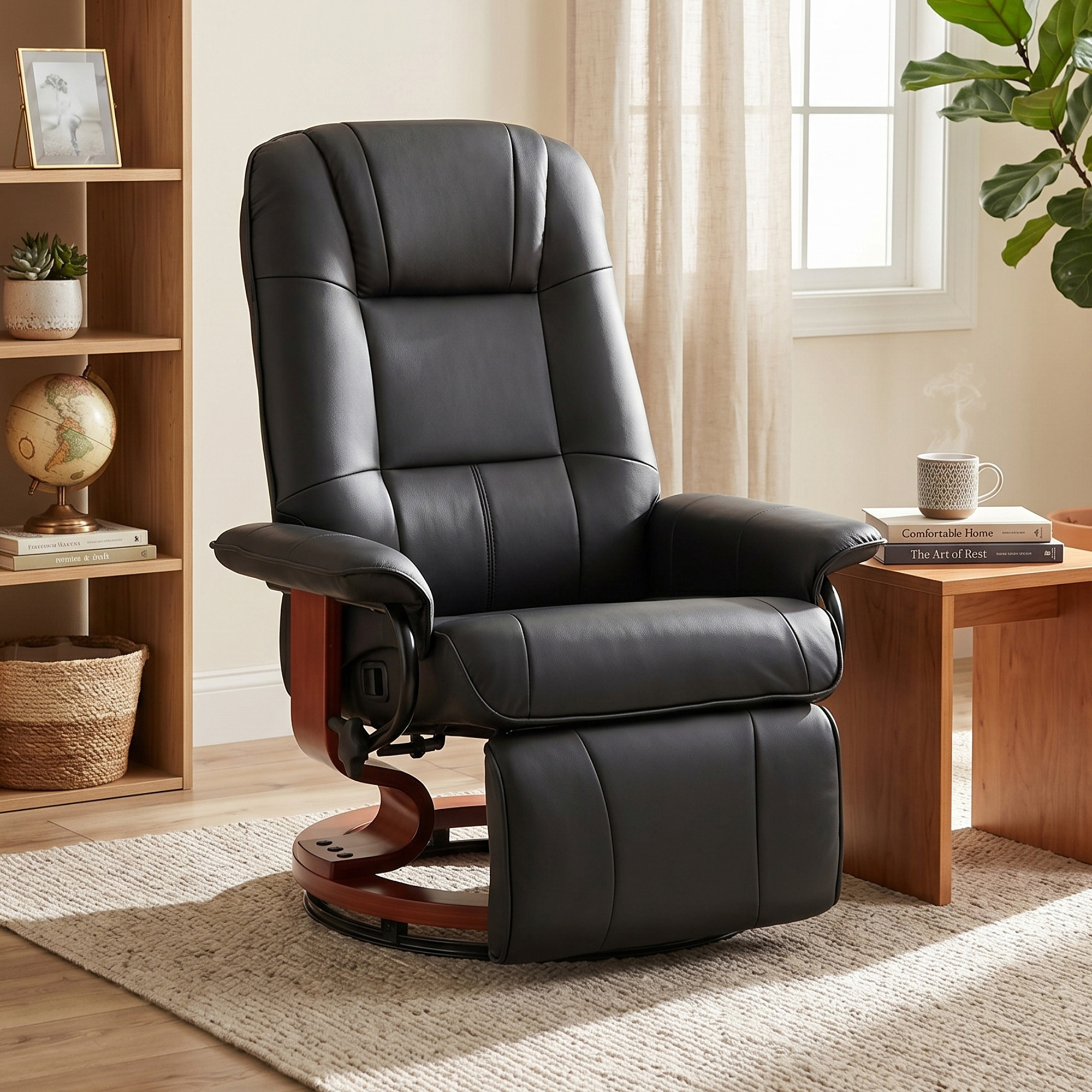 Una poltrona relax in pelle nera con base in legno su un tappeto in una stanza luminosa.