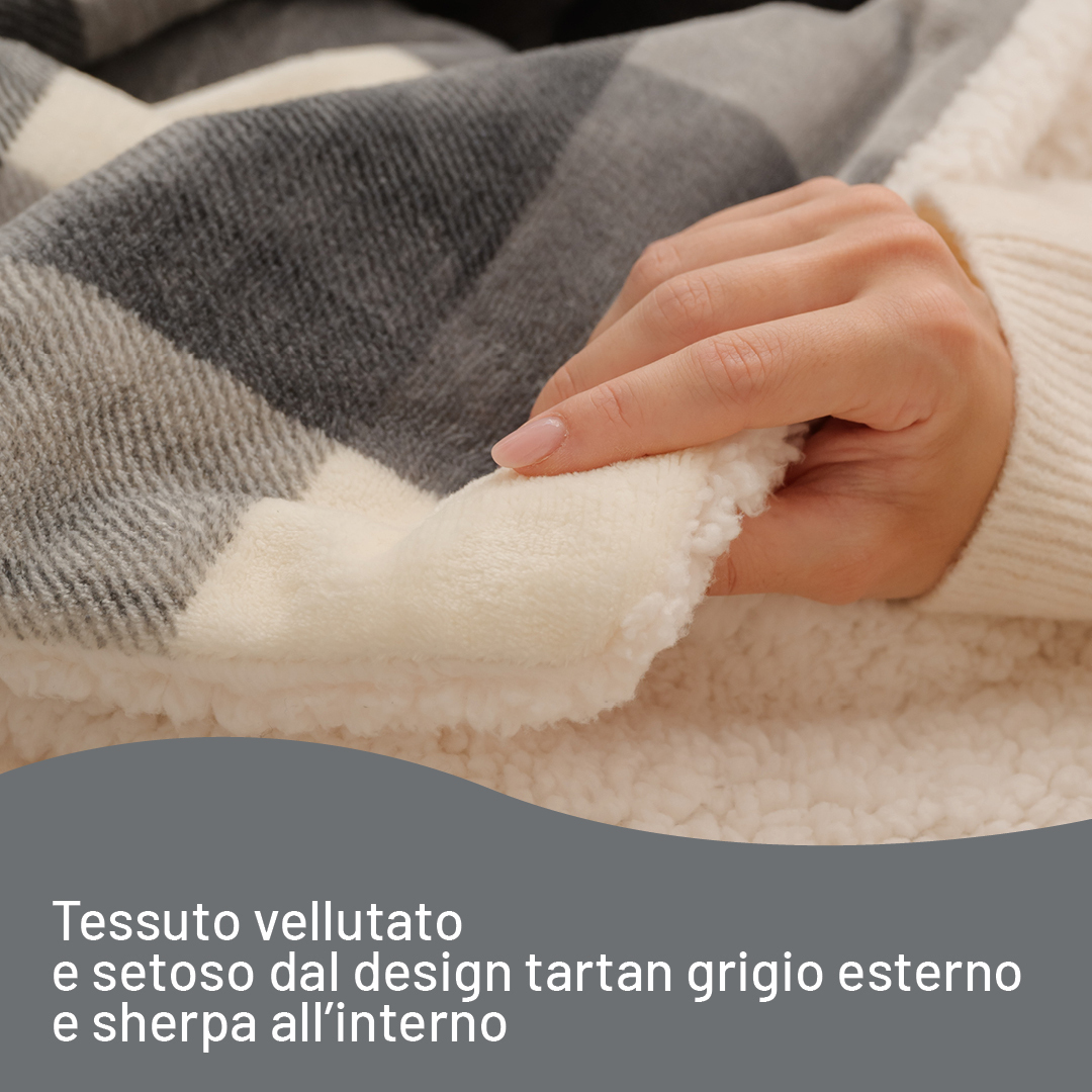 Hand berührt eine graue karierte Decke mit weißem Sherpa-Futter.