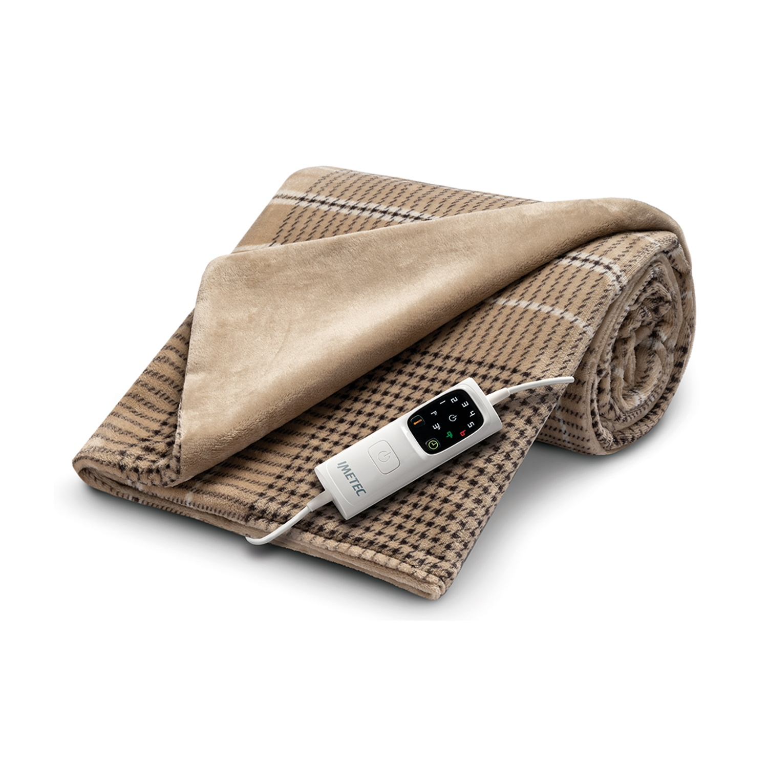 Eine zusammengerollte, beige-braun karierte Heizdecke mit weißer Fernbedienung vor weißem Hintergrund.