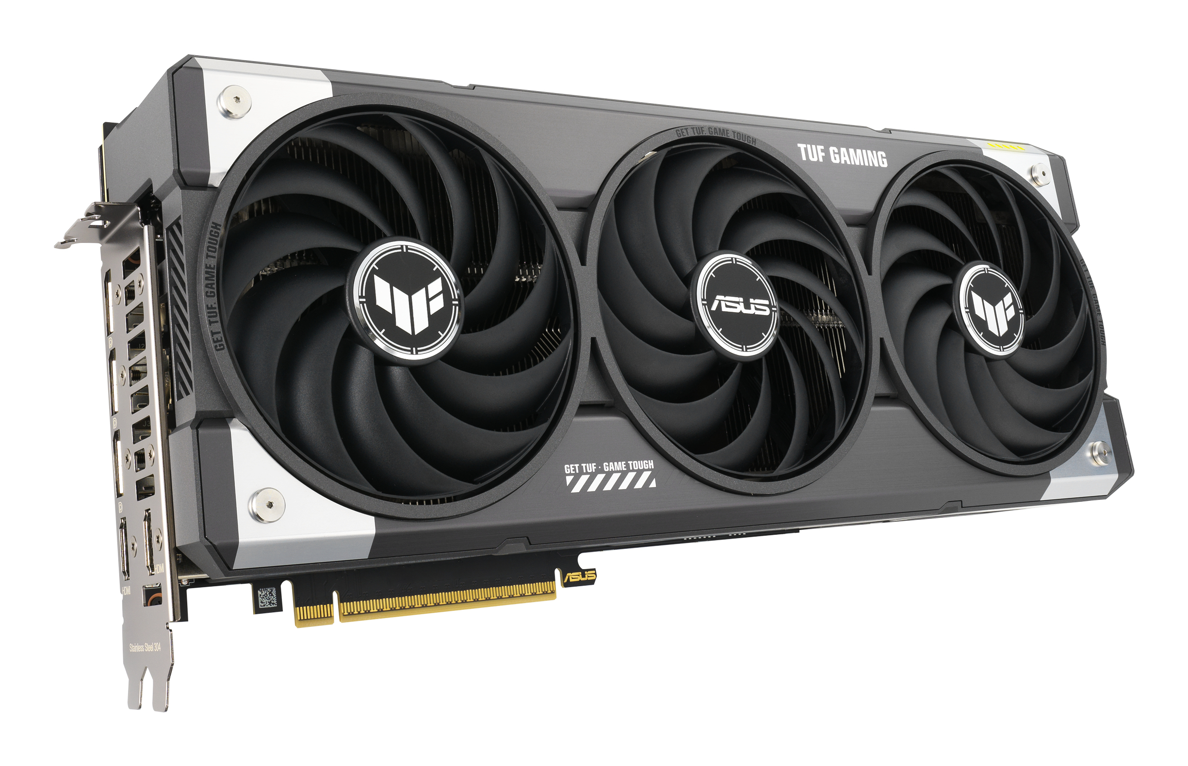 Eine schwarze Asus TUF Gaming Grafikkarte mit drei großen Lüftern, silbernen Akzenten und Anschlüssen auf weißem Grund.