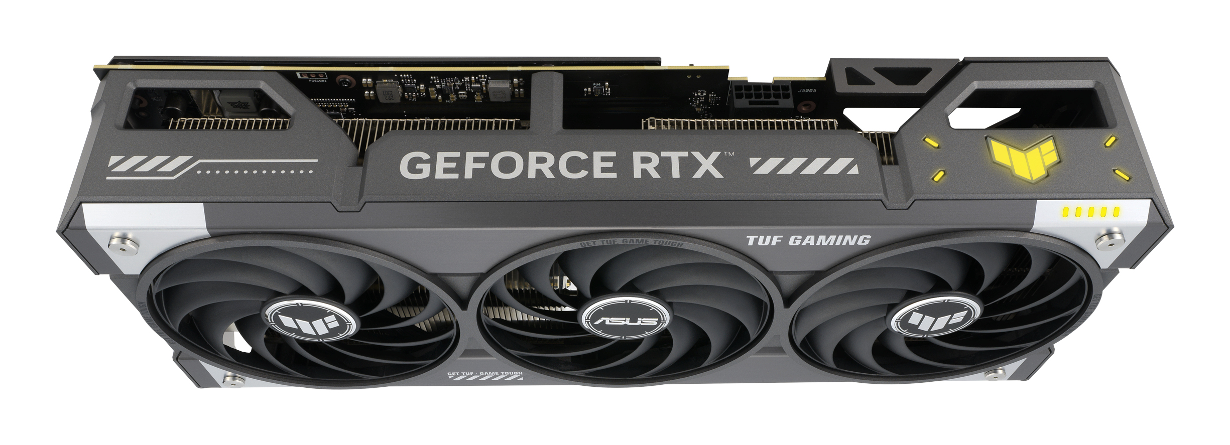 Eine graue Asus TUF Gaming GeForce RTX Grafikkarte mit drei schwarzen Lüftern und gelben Akzenten.