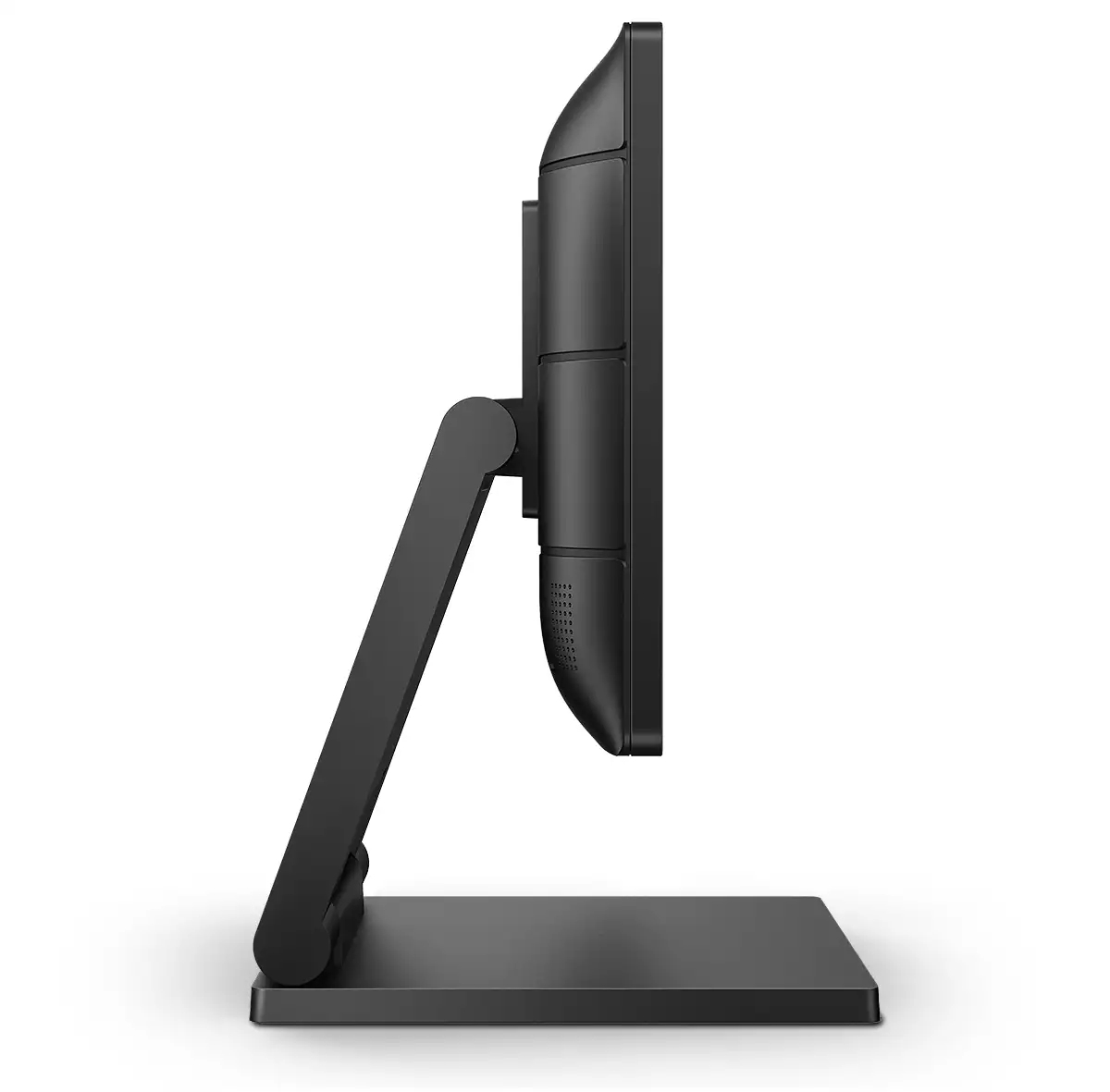 Side view of a black computer monitor on a sturdy stand against a white background.