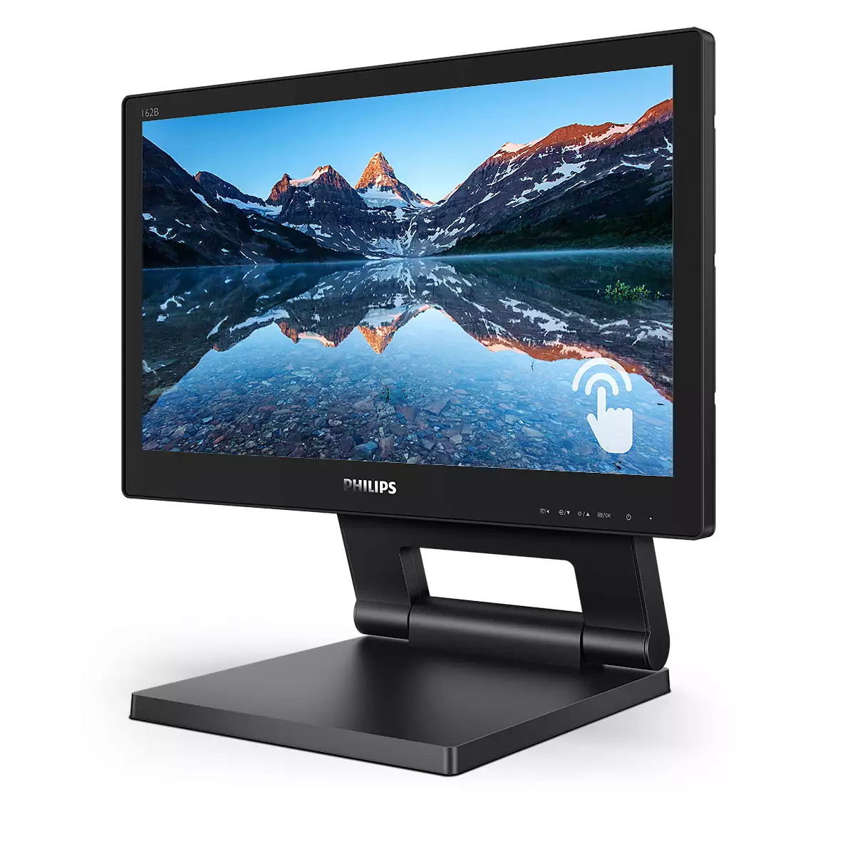 A black Philips touch monitor displaying a mountain lake wallpaper, standing on a white background.