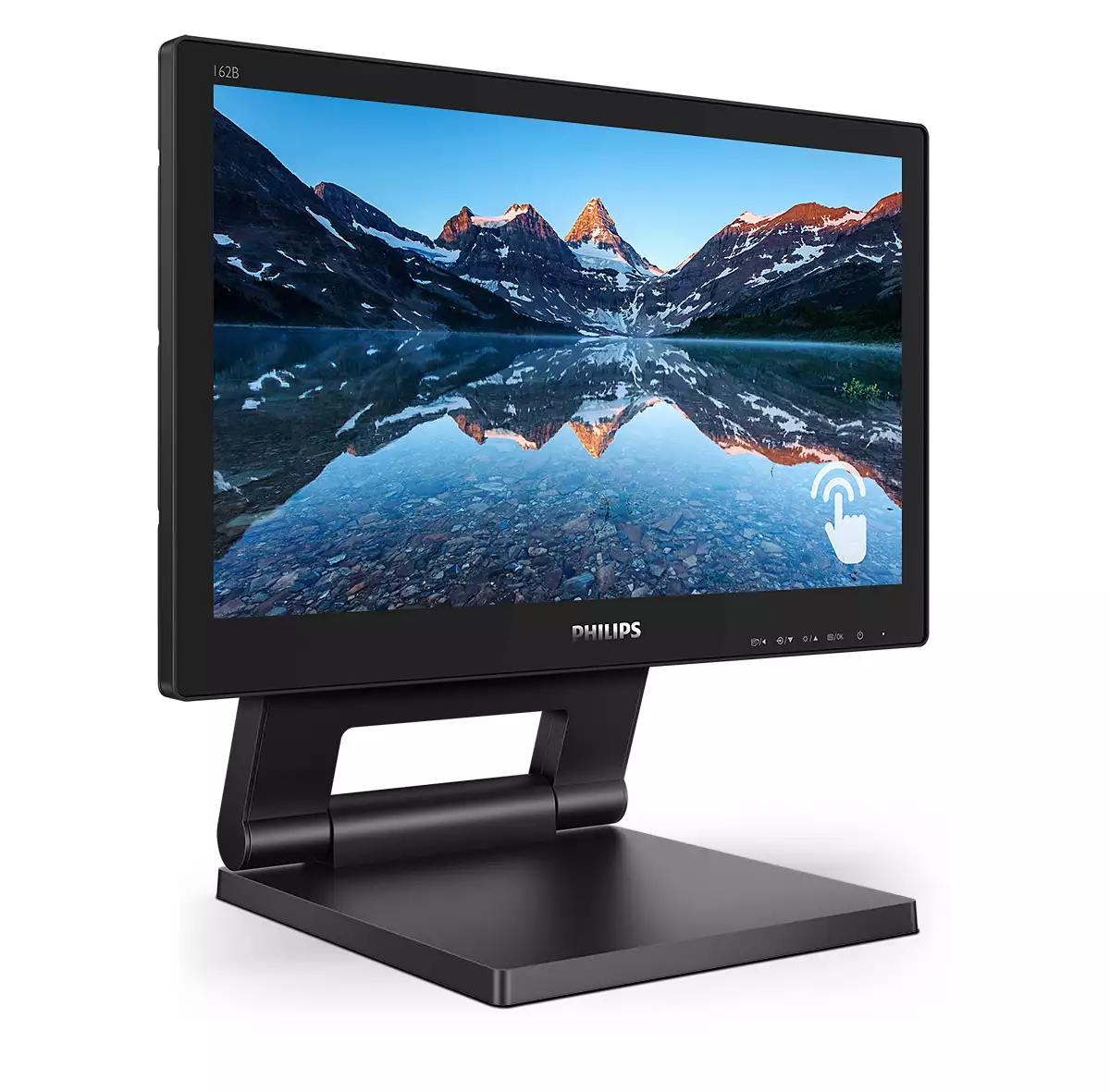 A black Philips monitor displaying a mountain landscape with a lake reflection and a touch icon in the corner.