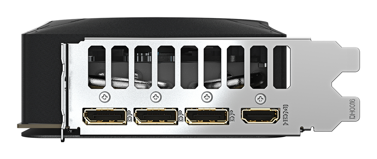 Rückseitiges I/O-Panel einer Grafikkarte mit drei DisplayPorts und einem HDMI-Anschluss.